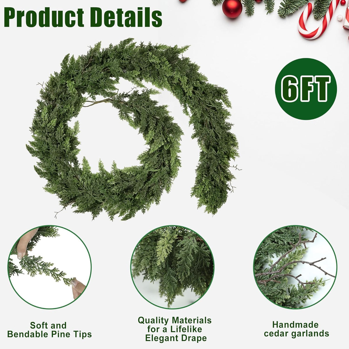 Realistic Christmas Garland for Mantle 6FT Real Touch Thick/Lush Artificial Cedar Garlands