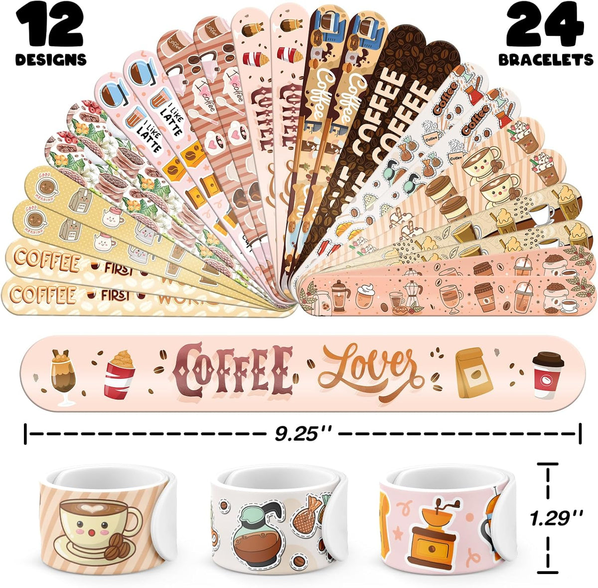 96 PCS Coffee Party Favors Set – 72 Pre-Cut Temporary Tattoos & 24 Slap Bracelets for Kids &