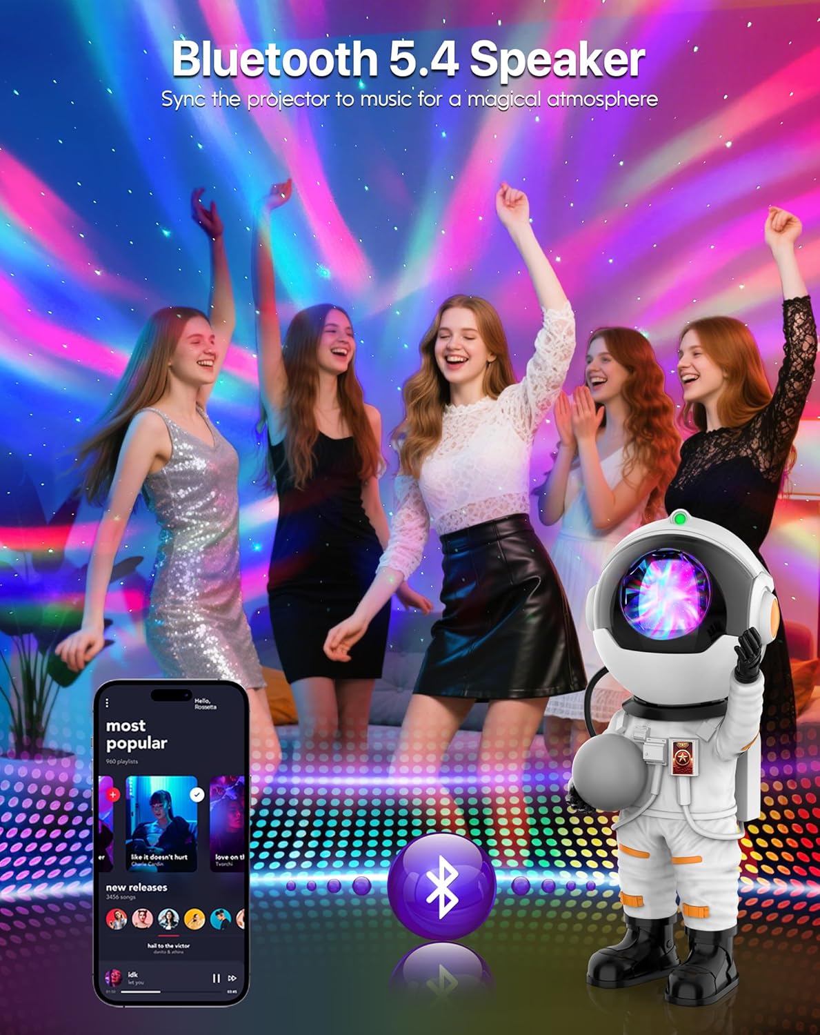 Rossetta Astronaut Galaxy Projector, Star Projector for Bedroom Bluetooth Speaker White Noise Night