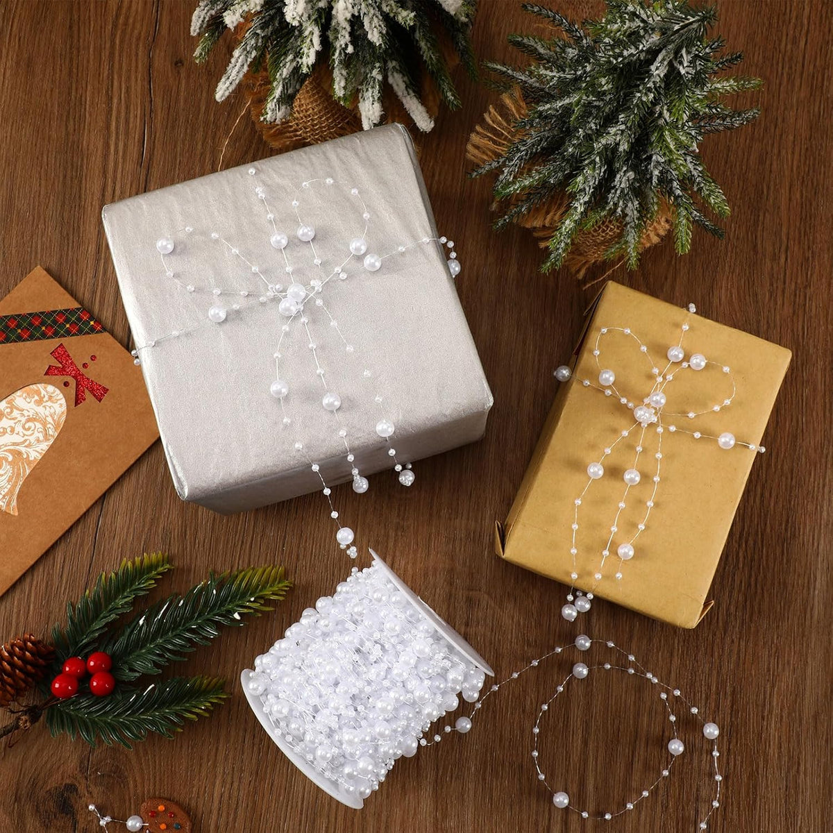 JULBEAR Beads Garland Decoration,1Rolls 131Feet White Christmas Pearl Strands Chain Bead Garland