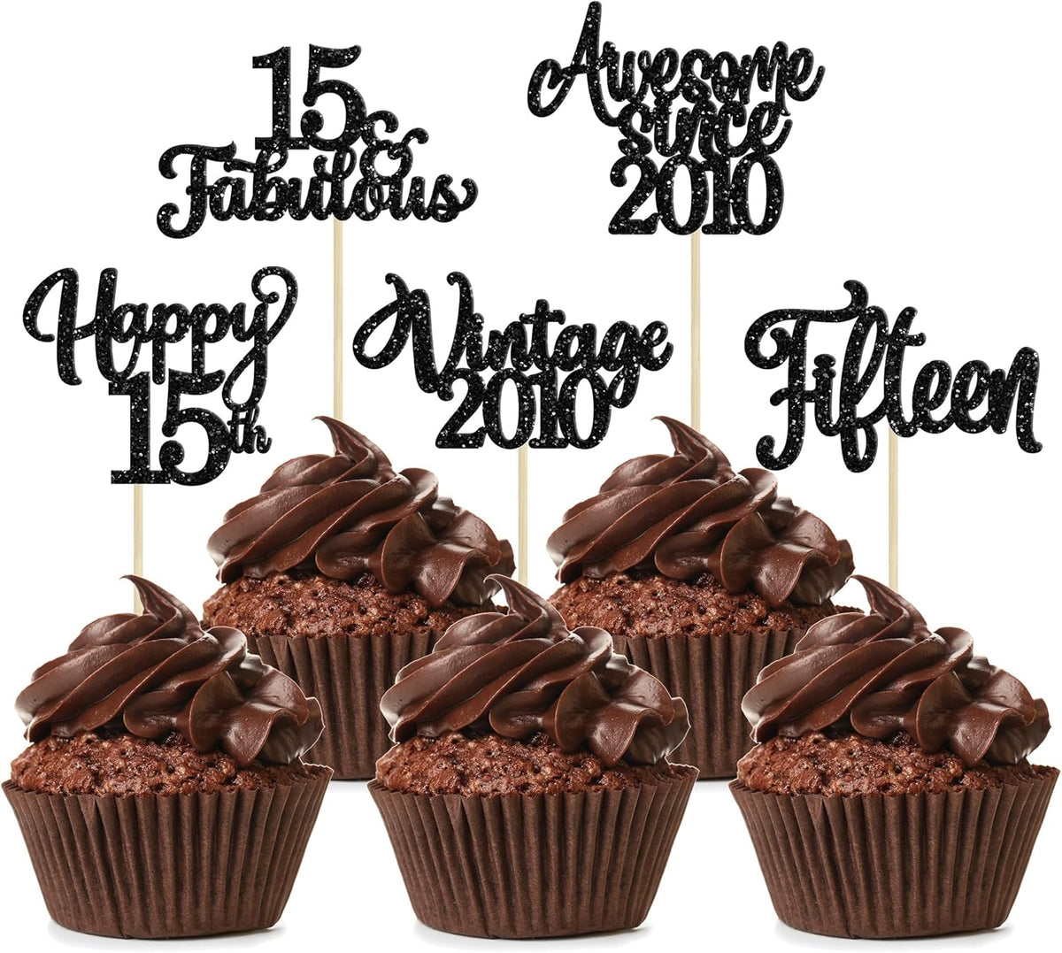 30Pcs Happy 15th Birthday Cupcake Toppers Glitter Fifteen Vintage 2010 Cupcake Picks Cheers to 15