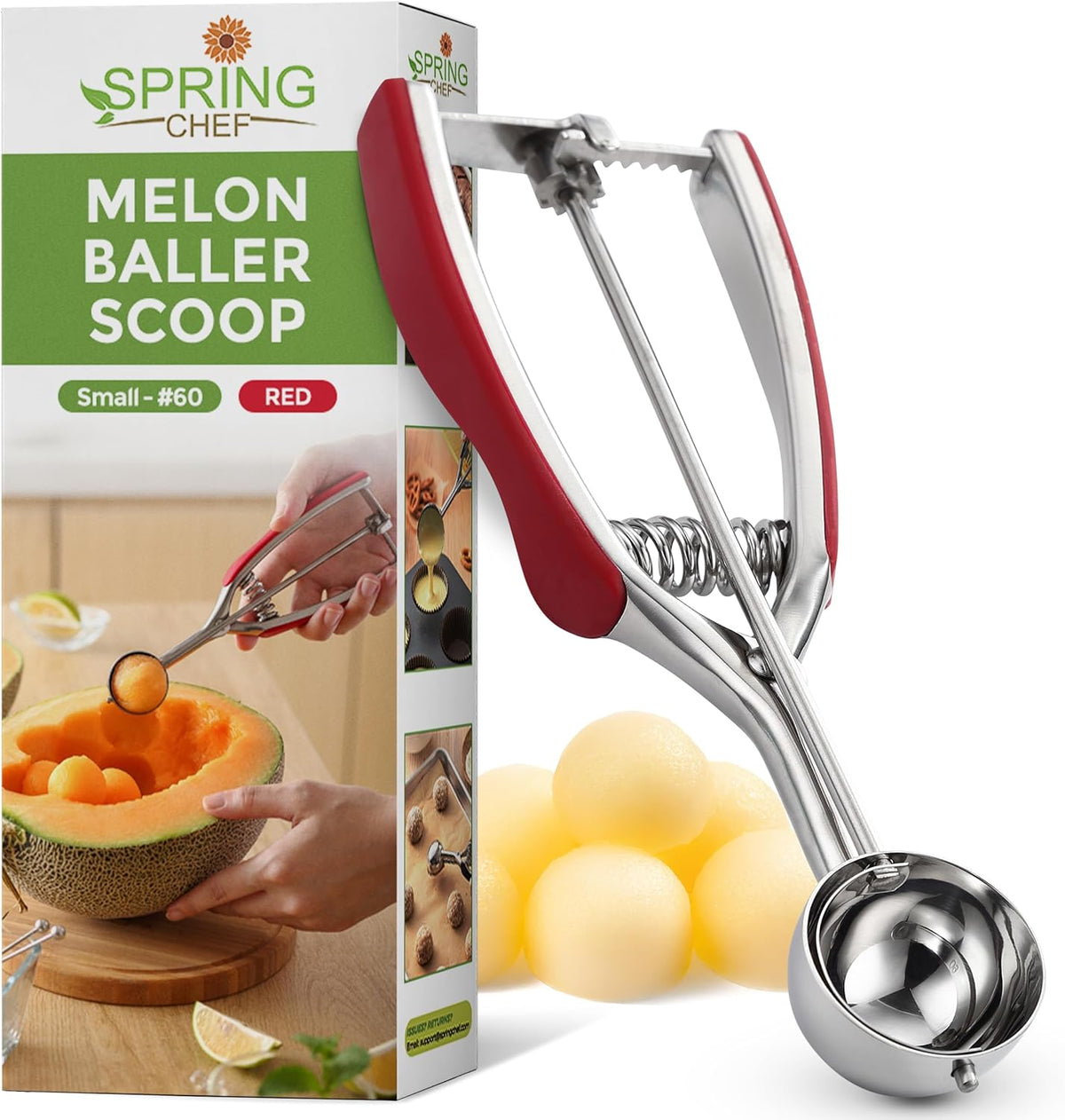 Spring Chef Red Small 1 Tbsp Stainless Steel Cookie Scoop for Baking - Multifunctional Melon Baller