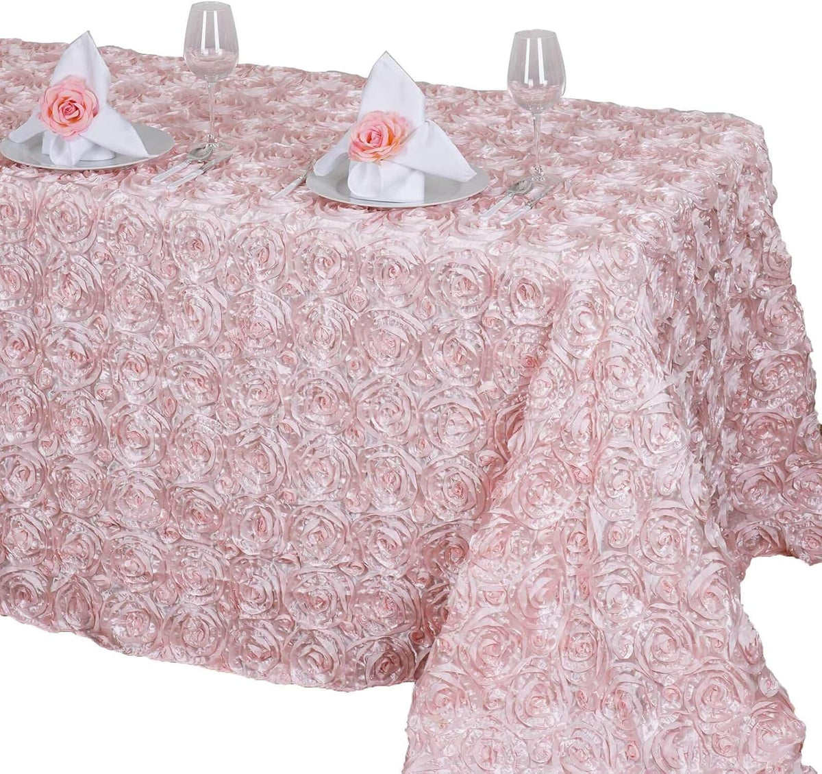 Efavormart 90"x132" Wholesale Rectangle Table Cover Blush Grandiose Rosette 3D Satin Tablecloth for