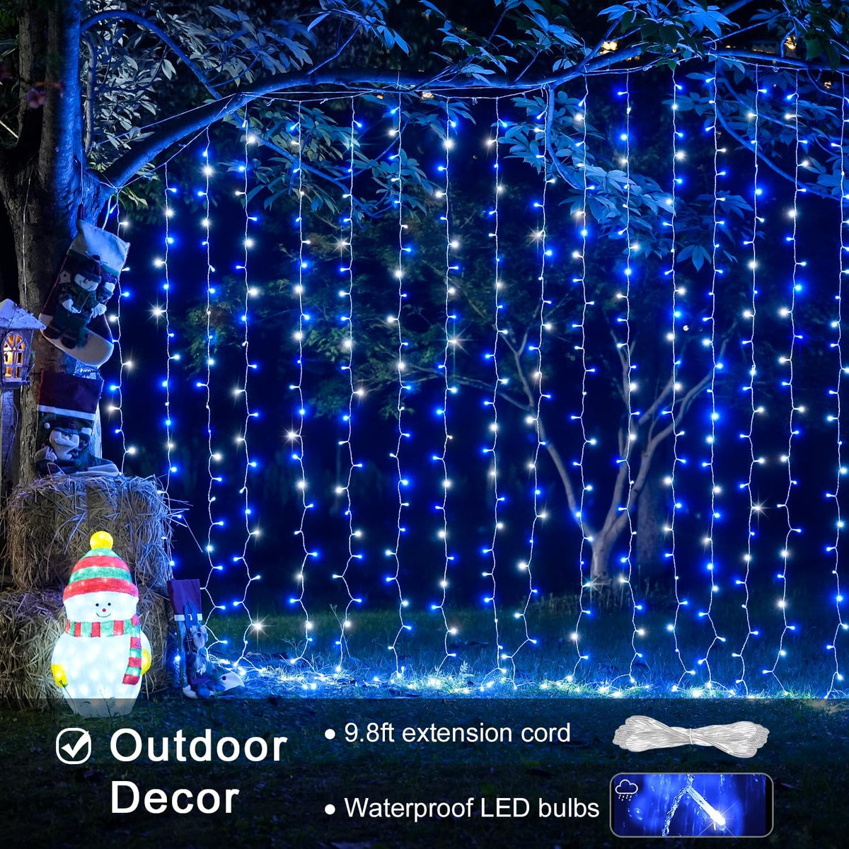 JMEXSUSS 300LED Christmas Curtain Lights Plug in with Remote, Blue and White Christmas Lights