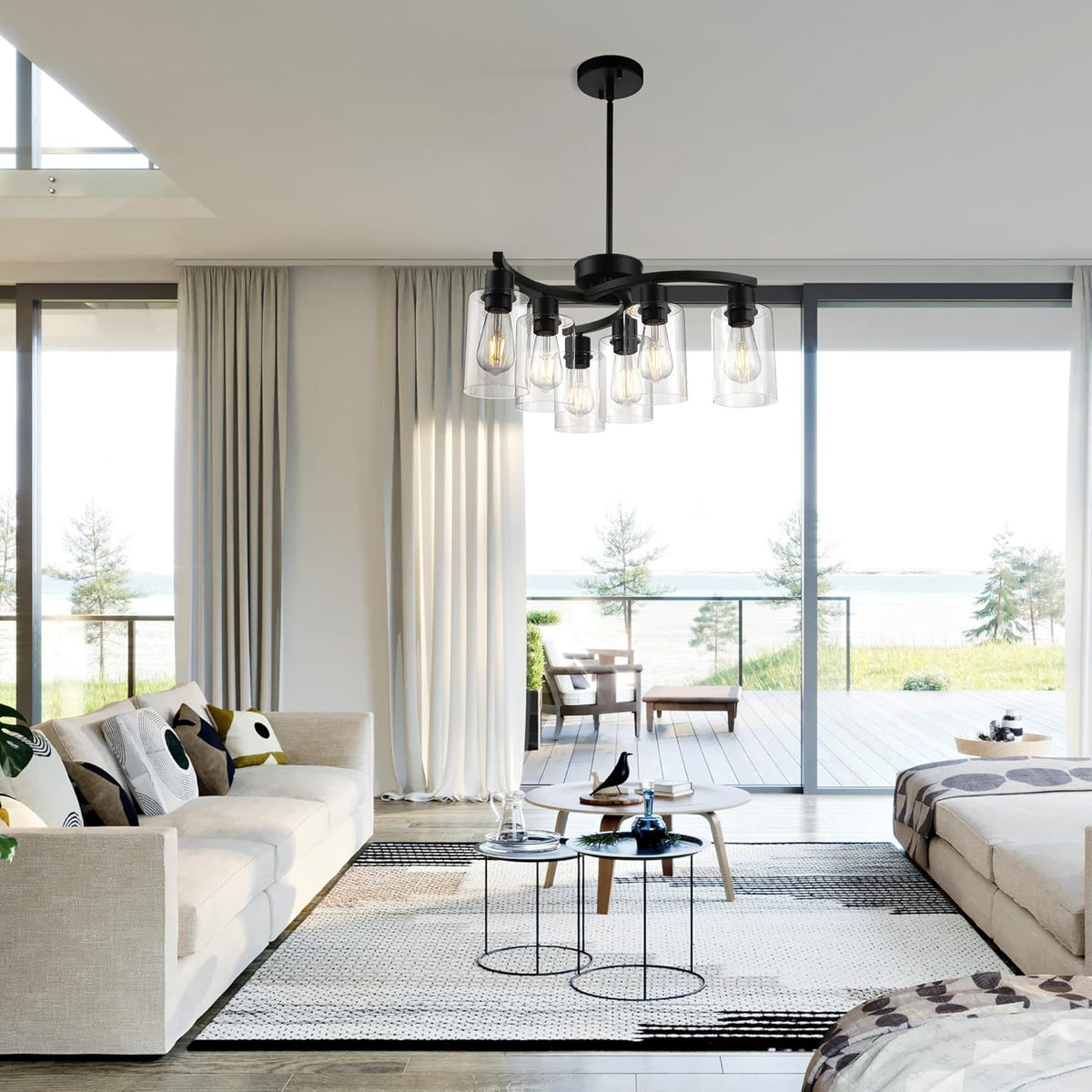 6-Light Modern Farmhouse Black Chandelier, Contemporary Dining Room Light Fixture, Adjustable