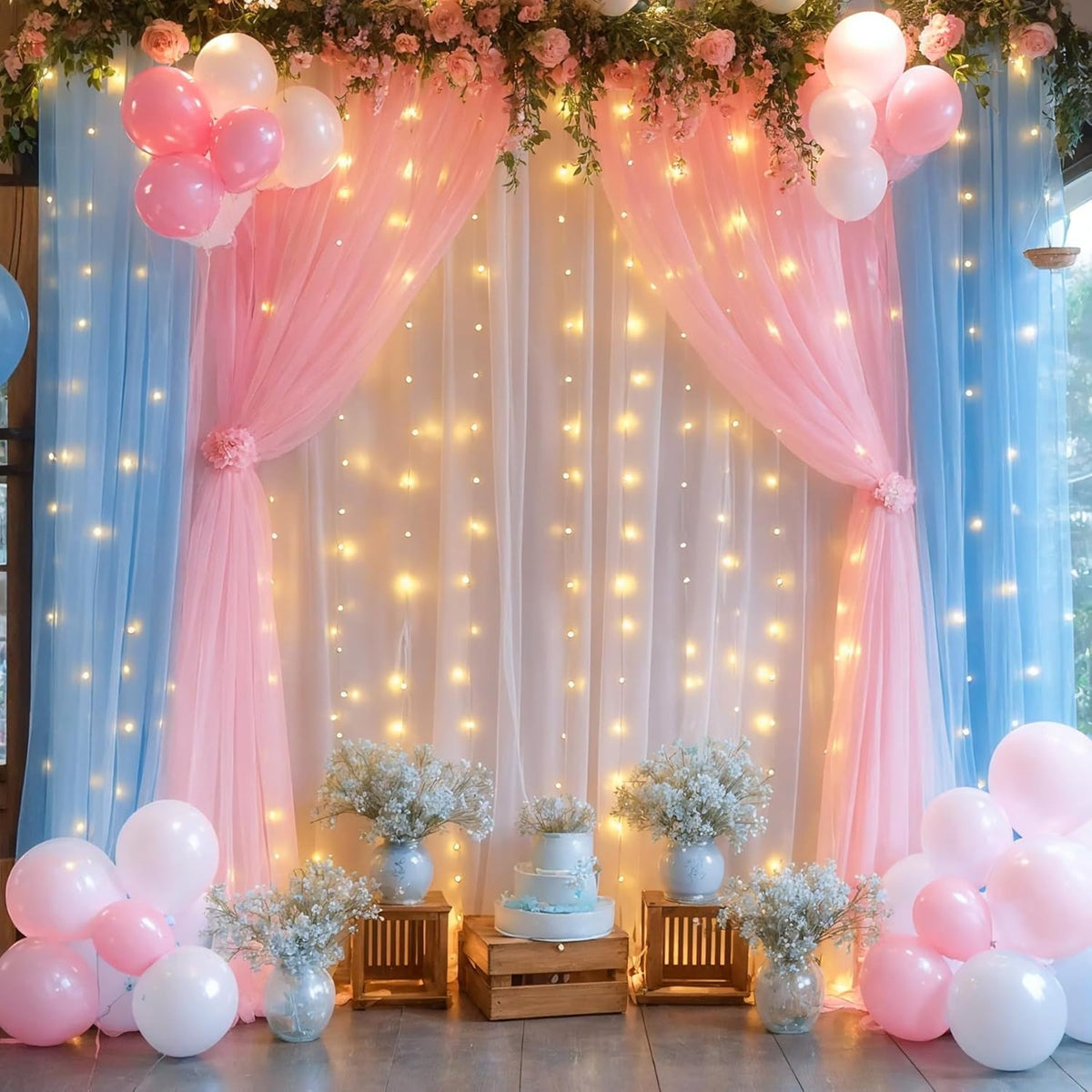 Pink Blue Sheer Tulle Backdrop Curtains with Lights String for Gender Reveal Baby Shower