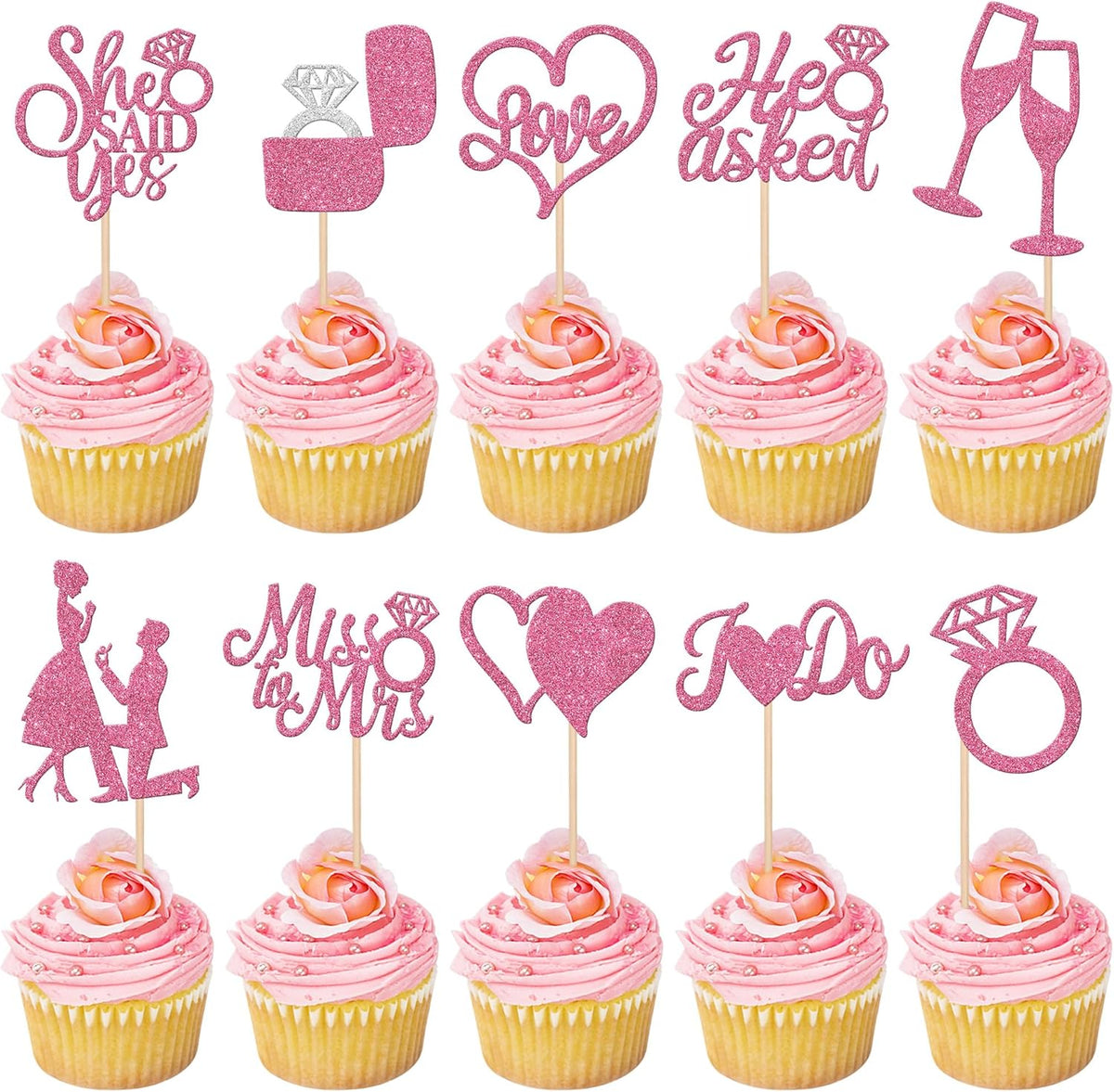 30 PCS He Asked She Said Yes Cupcake Toppers Glitter Engagement Cupcake Toppers Miss to Mrs I Do