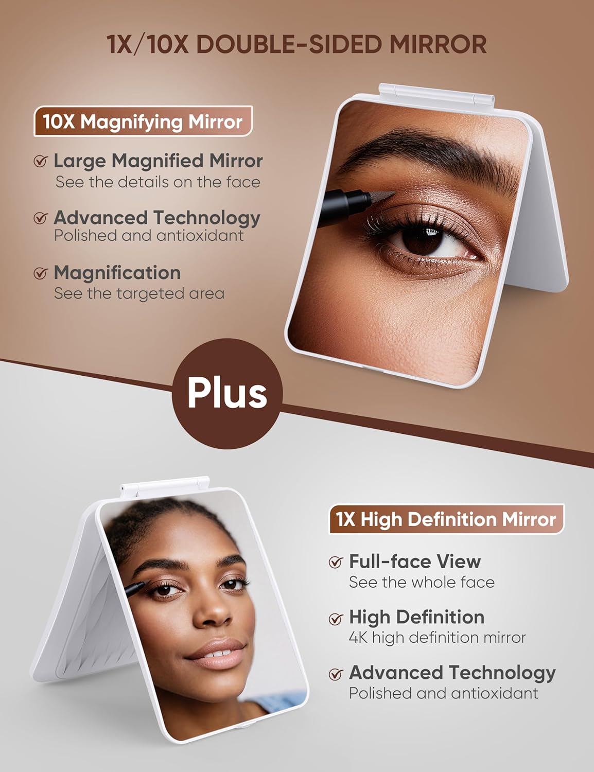 Travel Makeup Mirror with 1X/10X Magnifying, Portable Folding Make Up Tabletop Mirror for Office