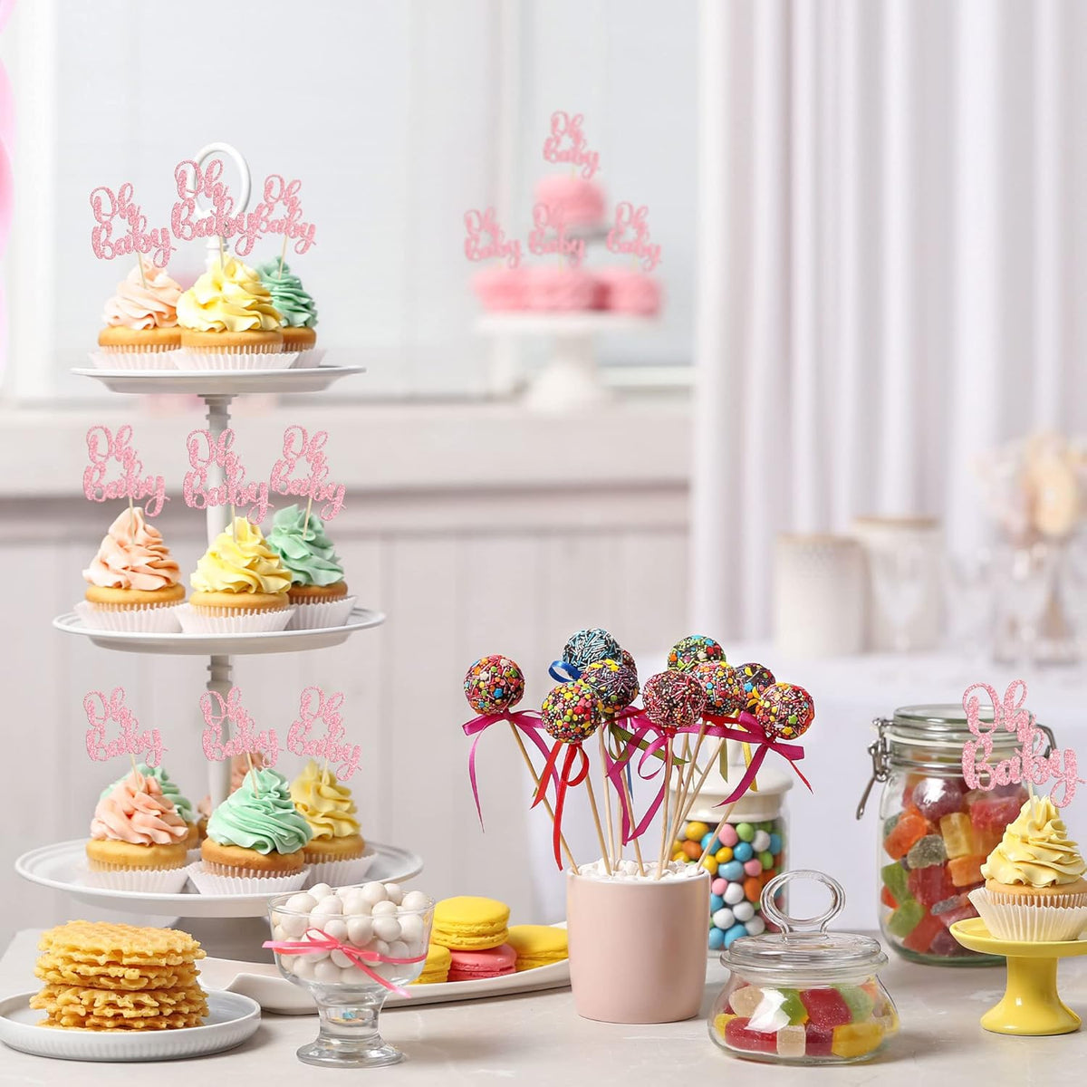 Gyufise 36 Pack Oh Baby Cupcake Toppers Glitter Baby Shower Cupcake Picks Decorations for