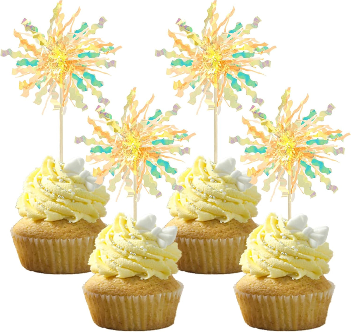 Gyufise 20Pcs Foil Firework Cupcake Toppers Happy Birthday Cake Toppers Tinsel Flower Drink