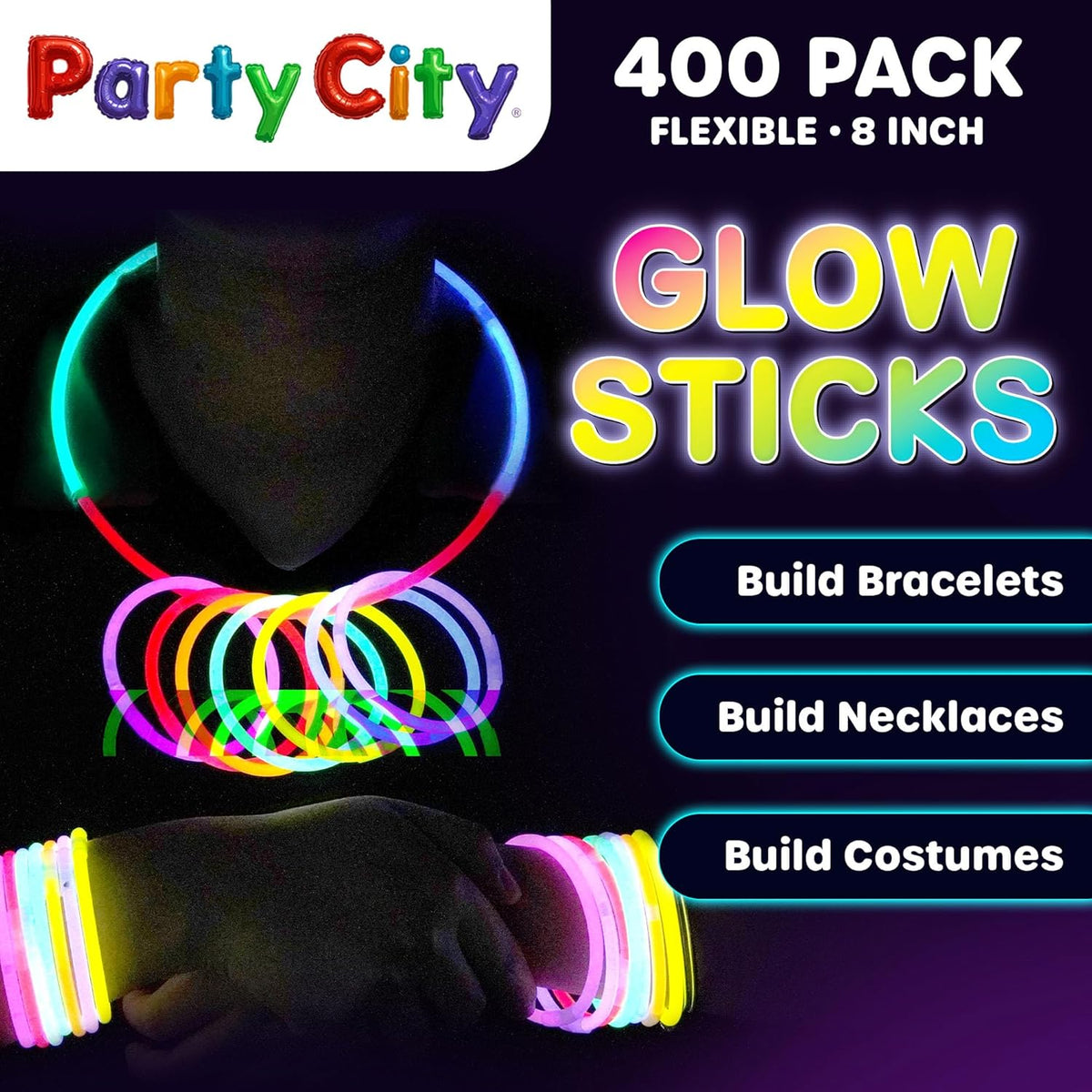 Party City 400 Glow Sticks Bulk Party Pack 8”– Neon Glow in the Dark Party Supplies, Glowsticks