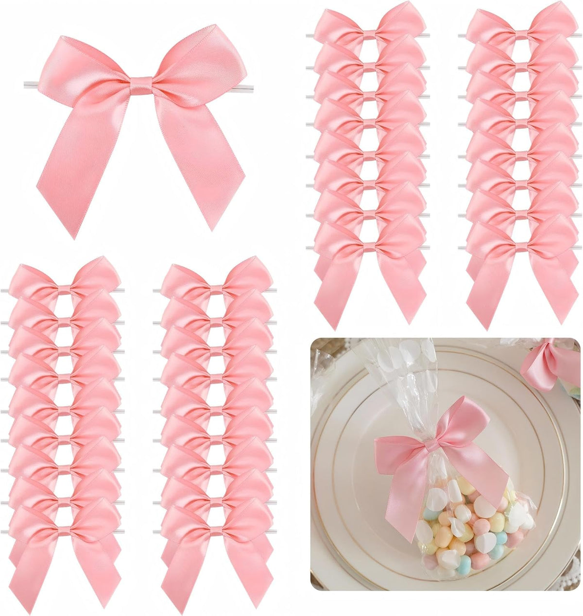 3.5" Pink Bow Satin Pre-Tied Bows for Gift Wrapping, Small Bows for Crafts, Premade Bows, Candy