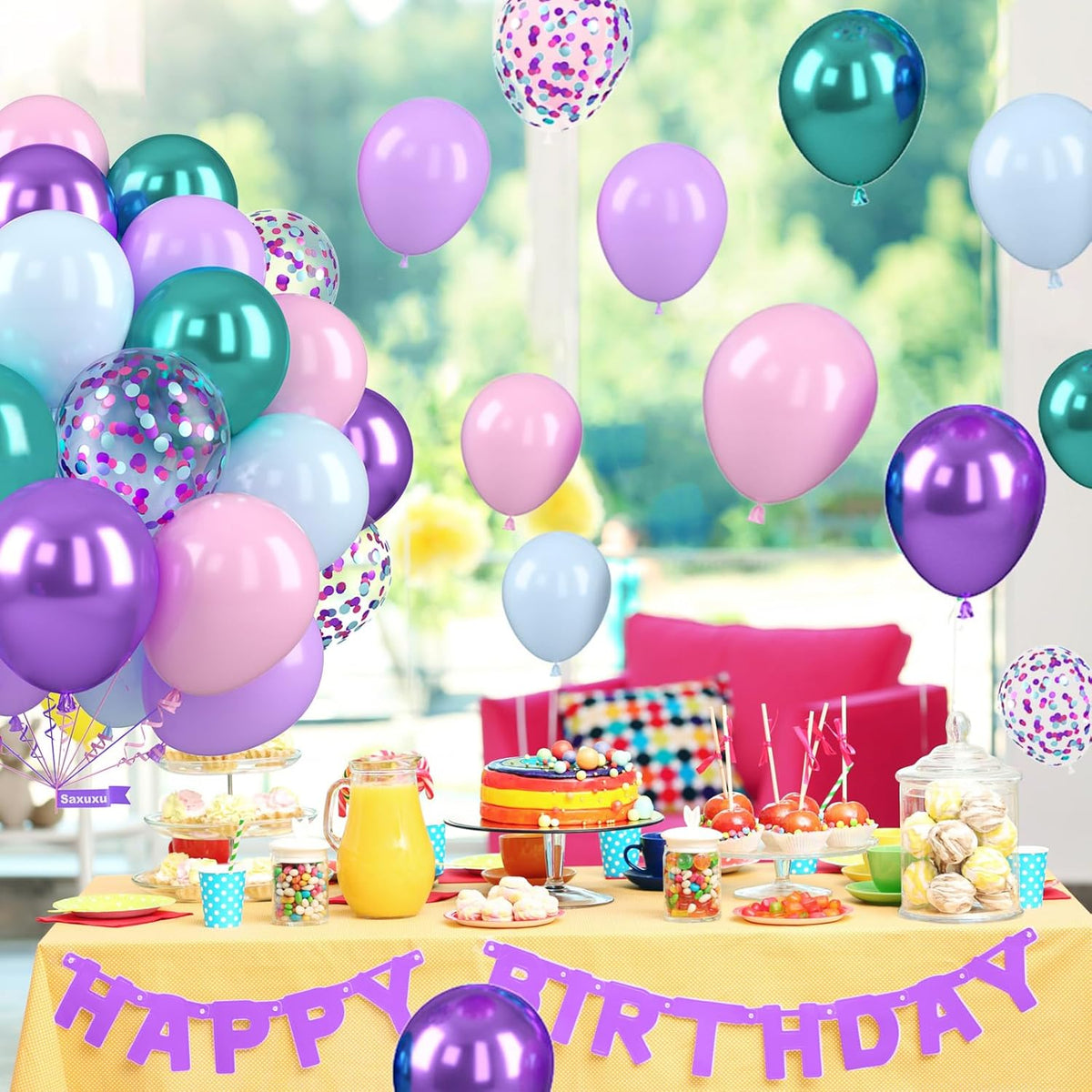 Mermaid Balloons, 12 Inch Pastel Purple and Teal Balloons, Pink Metallic Teal Purple Confetti