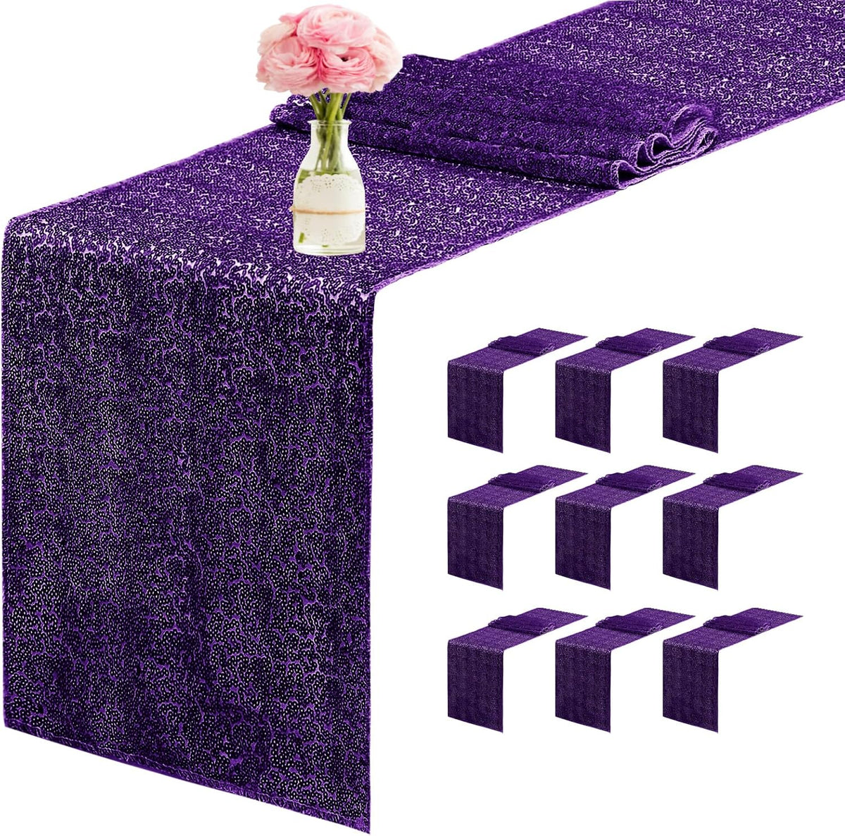 10 Packs 12 x 72 inches Sequin Table Runner, Purple Glitter Table Runner for Birthday Party