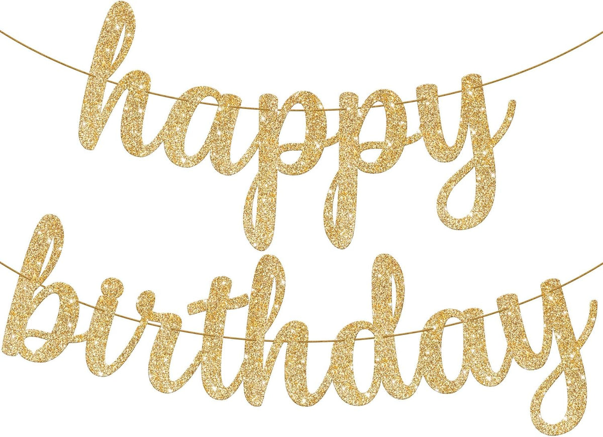 KatchOn, Glitter Cursive Gold Happy Birthday Banner - Pre-Strung, 10 Feet | Birthday Decorations