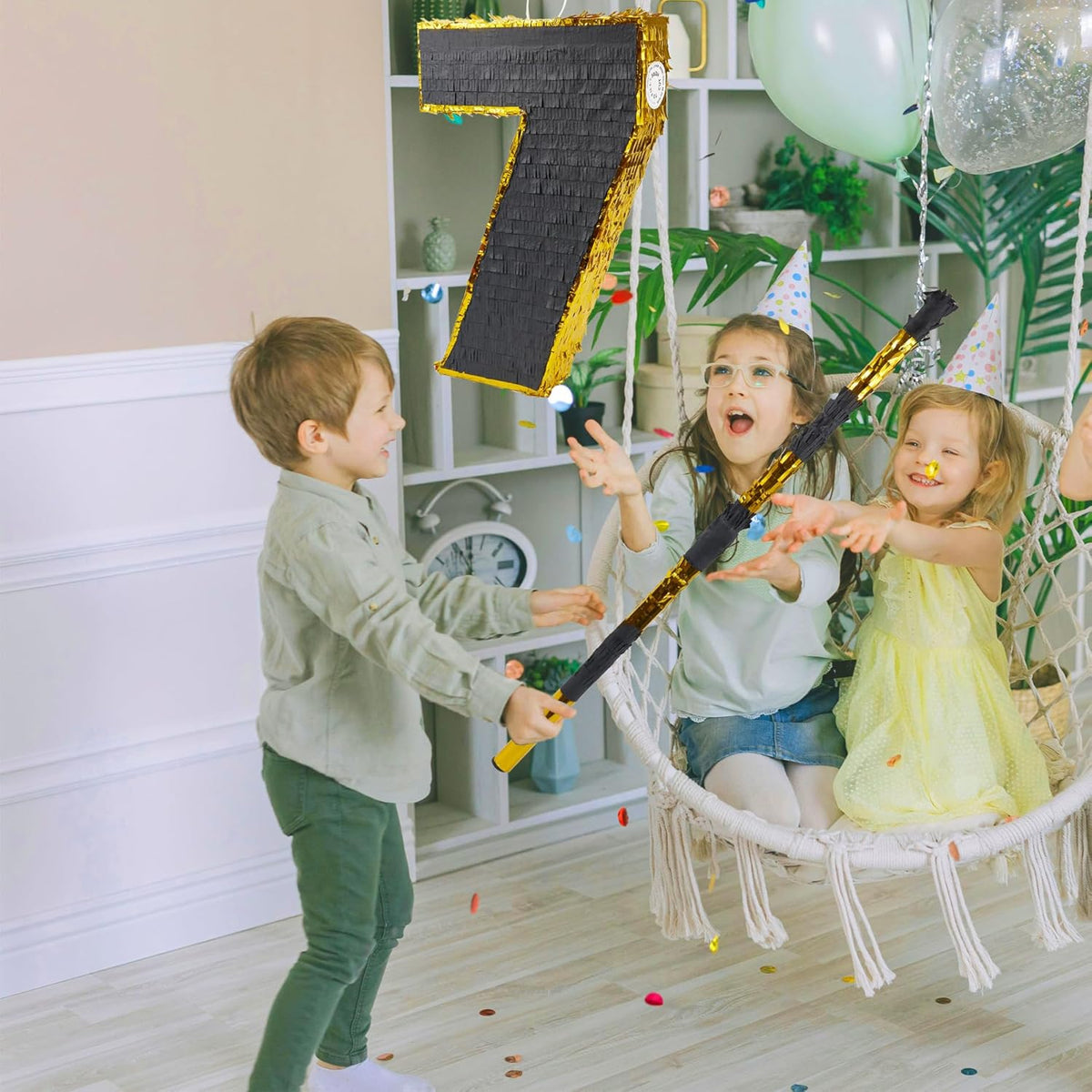 PCFING 20 Inch Number 7 Piñata Gold Black with 30 Inch Piñata Stick Blindfold Confetti for Man