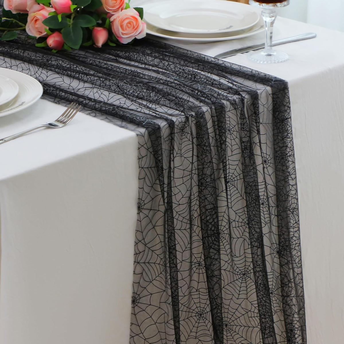 Snowkingdom Halloween Table Runner, 10 FT Black Spider Web Runners Metallic Sequin Sheer Chiffon