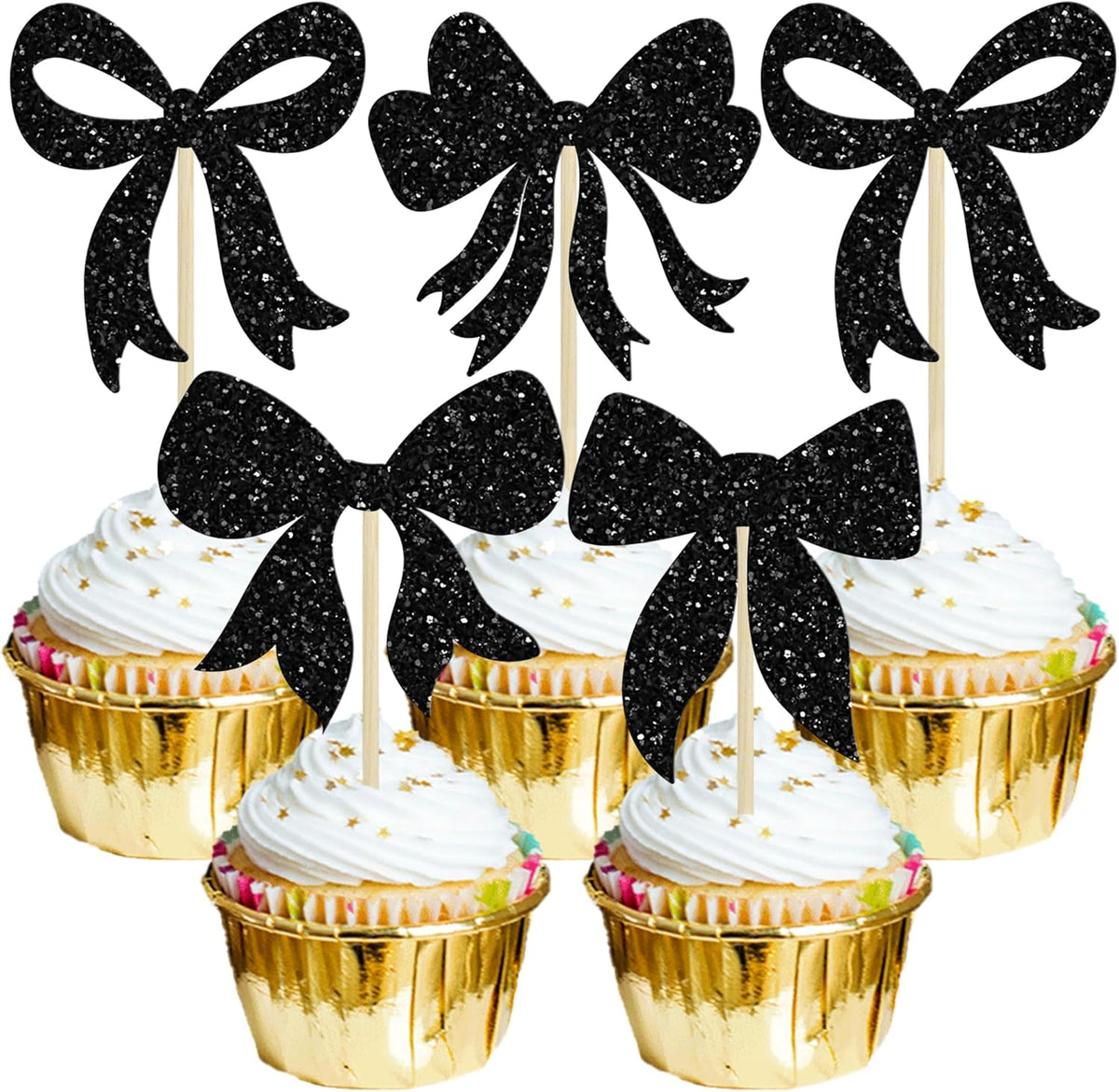 Gyufise 36Pcs Bow Cupcake Toppers Glitter Girls Birthday Decorations Bowknot Cupcake Picks Bow Tie