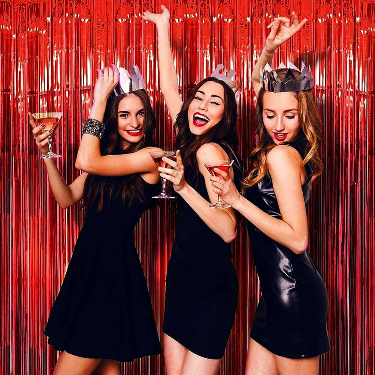 4 Pack Red Foil Fringe Curtain Backdrop, 3.28Ft x 8.2Ft Metallic Tinsel Foil Fringe Streamer for