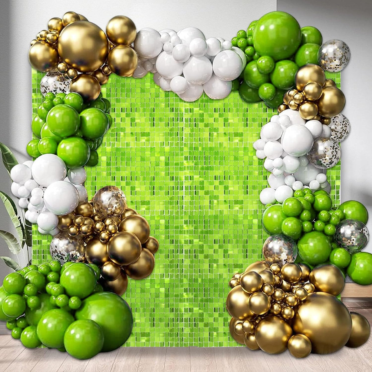 12PCS Green Shimmer Wall Backdrop, Square Sequin Photo Backdrops Panel, Glitter Wall Background for