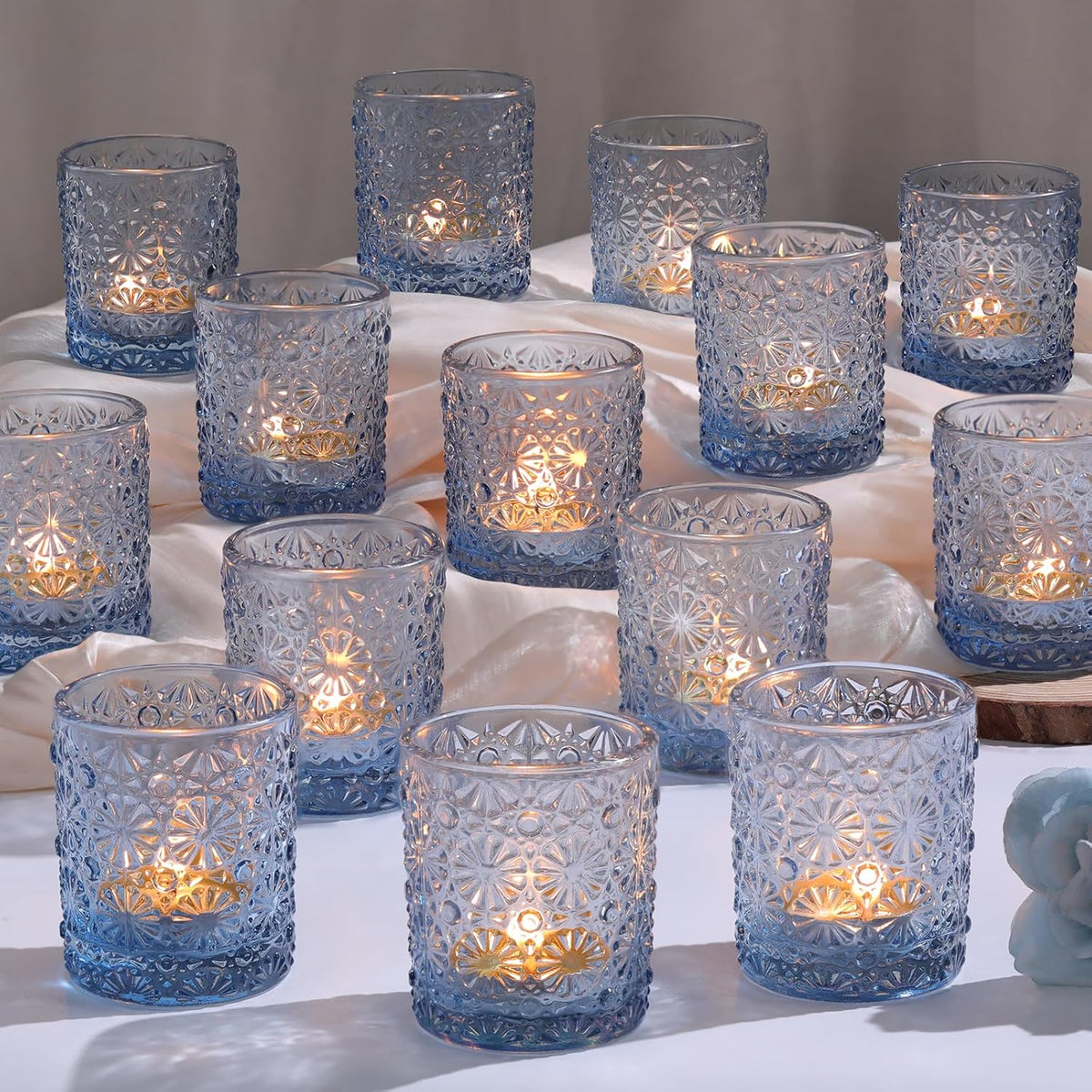 Blue Votive Candle Holder Set of 36, Flower Tea Lights Candles Holders for Wedding Table