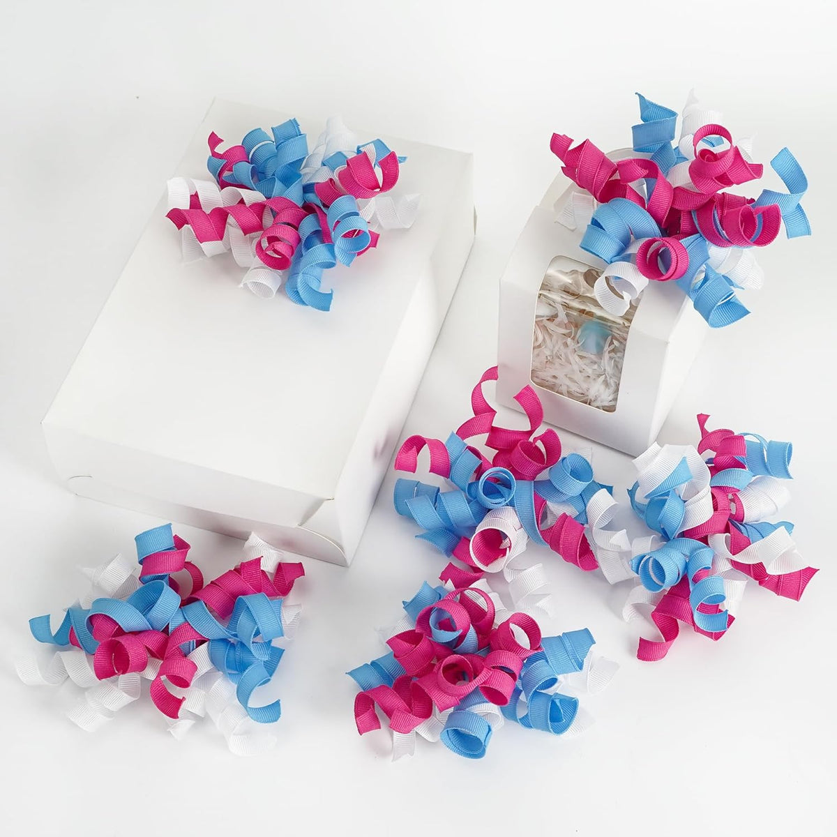 HUIHUANG Baby Shower Bows for Gift Wrapping, Blue/Pink/White Curly Ribbon Bows Self Adhesive Burst