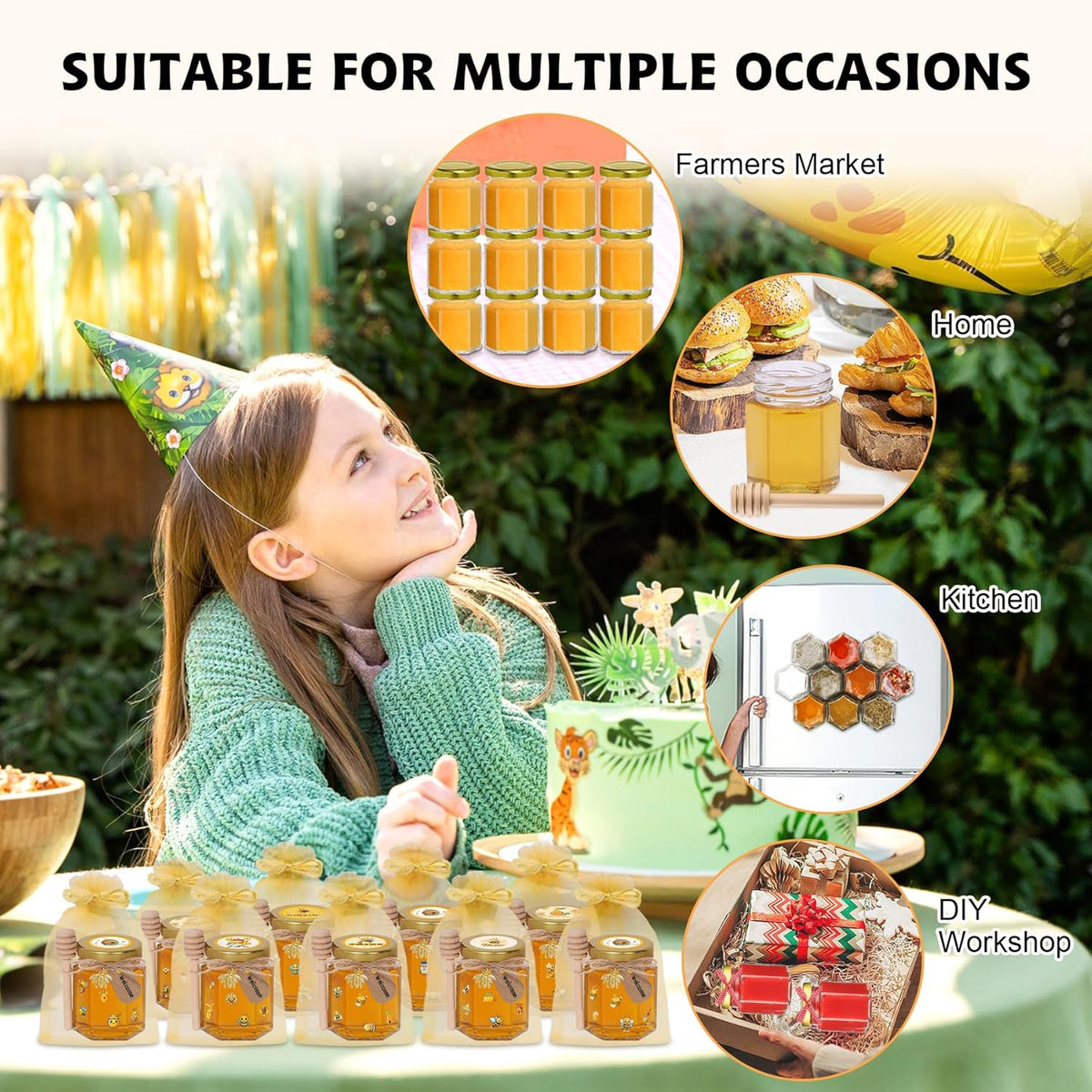 70 Pack 3 oz Mini Hexagon Glass Honey Jars with Dippers, Gold Lids, Bee Stickers, Bee Charms, Gift