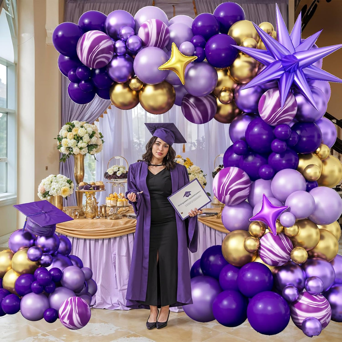 Purple Balloon Arch Kit 110Pcs Purple and Gold Balloons Garland Kit with Explosion Star Balloons
