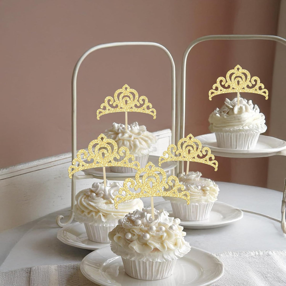 Gyufise 24Pcs Gold Princess Crown Cupcake Toppers Glitter Princess Cake Pick Decorations for