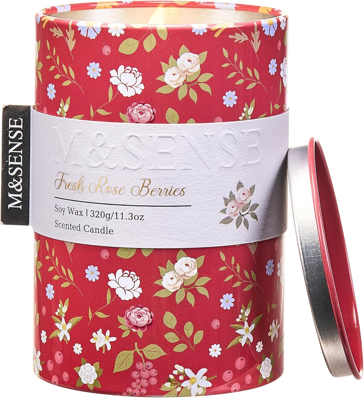 M&SENSE Fresh Rose Berries Scented Candle, Medium Jar Candle 11.3oz Natural Soy Wax for Home