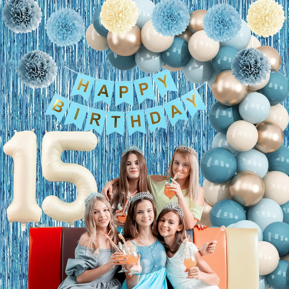 Dusty Blue 15th Birthday Party Decorations Boys Girls Beige Cream Number 15 Balloon with Blue Gold