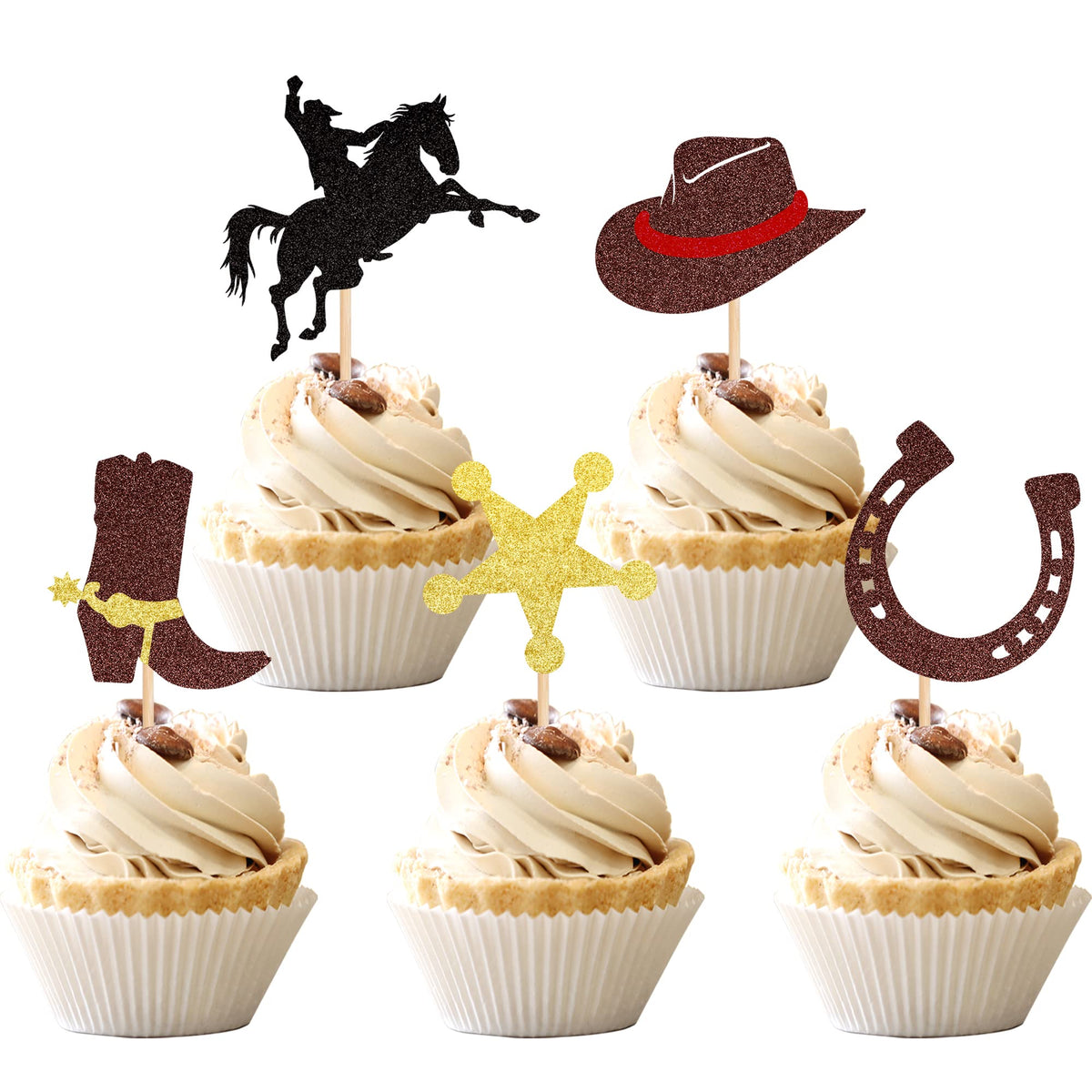30 PCS Cowboy Cupcake Toppers Glitter HorseShoe Cowboy Hats Boots Cupcake Picks Western Theme Baby