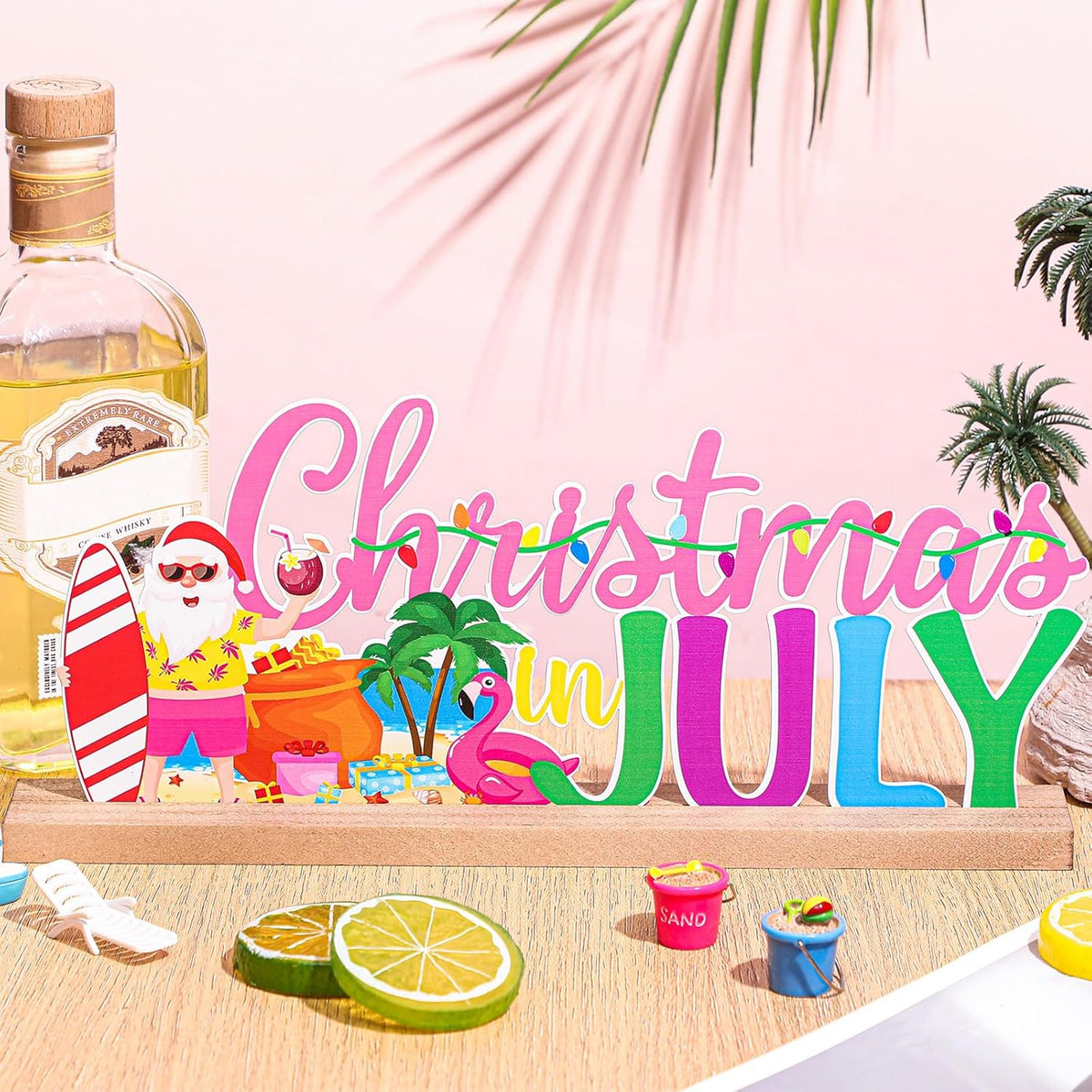 Christmas in July Metal Sign Rustic Table Decor Holiday Tiered Tray Decor with Wooden Base