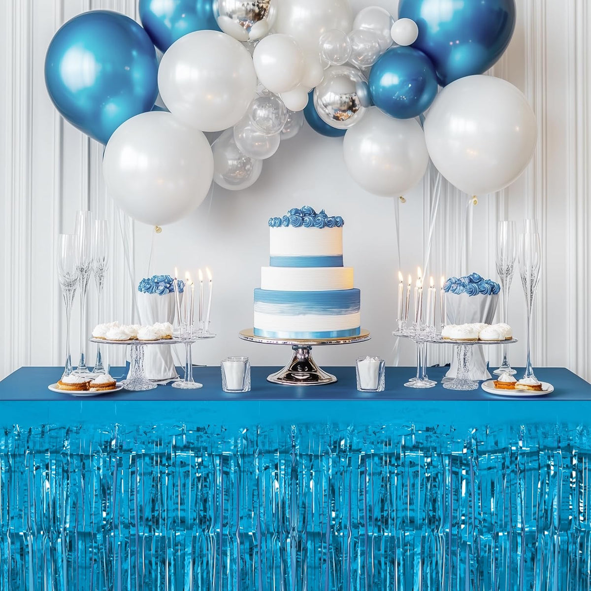 1 Pack Lake Blue Table Skirts, 29x108" Metallic Foil Tinsel Fringe Table Skirts for Rectangle