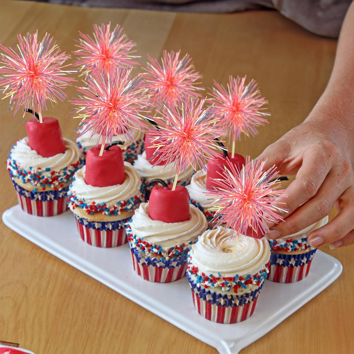 Gyufise 30Pcs Foil Firework Cupcake Toppers Sparkle Tinsel Cake Toppers Tinsel Drink Cake