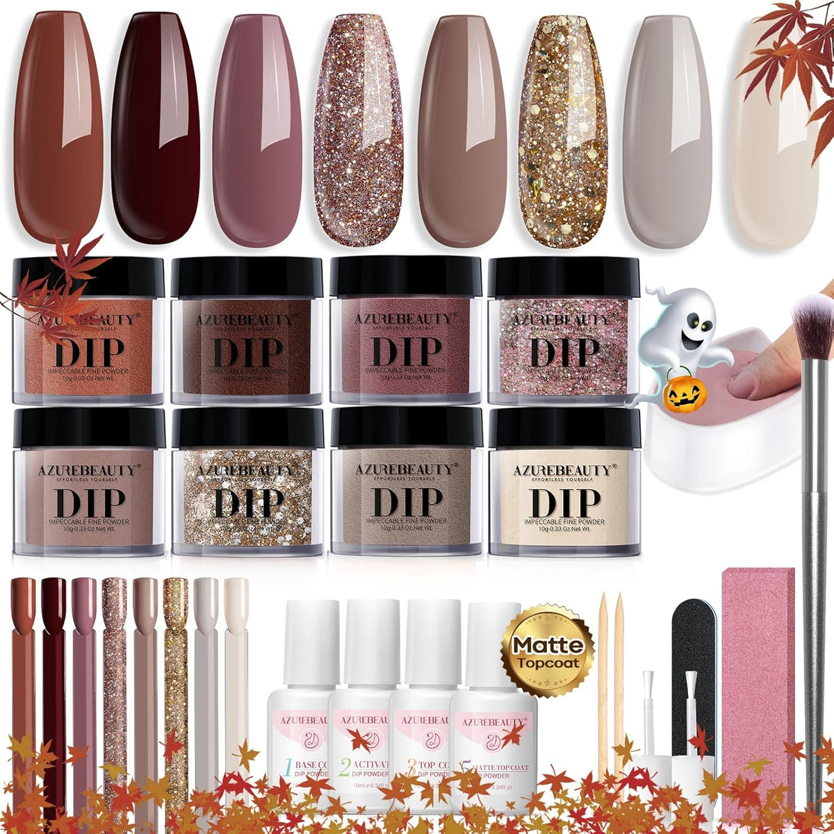 AZUREBEAUTY 30Pcs Dip Powder Nail Kit Starter with Nail Sticks, 8 Colors Fall Winter Nude Brown