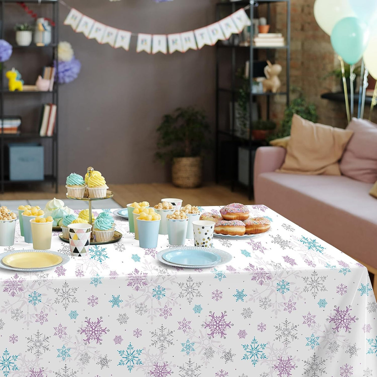 6 Pieces Christmas Snowflake Party Tablecloth Decorations,Plastic Purple and Blue Winter Wonderland