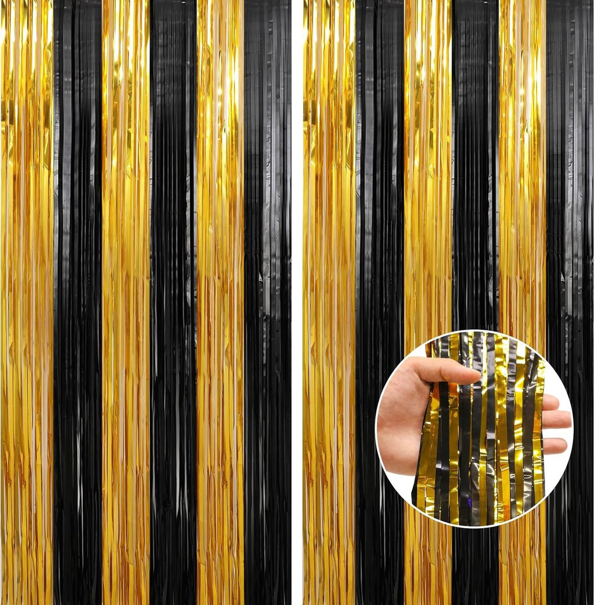 Crosize 2 Pack 3.3 x 9.9 ft Gold and Black Foil Fringe Curtains Party Decorations, Gold Tinsel