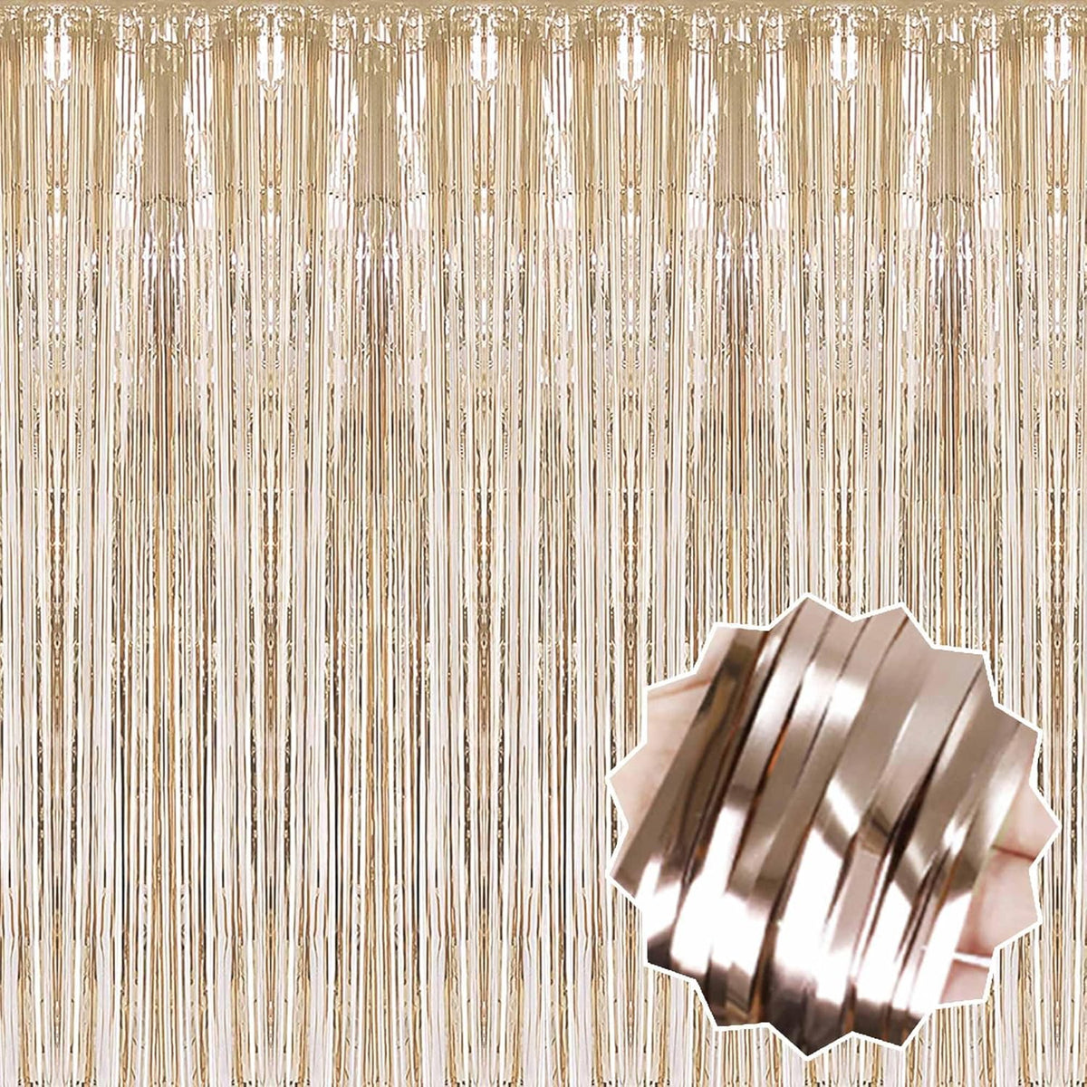 6 Pack Champagne Gold Foil Fringe Curtains Backdrop, 3.28 x 8.2 Ft Metallic Streamers Tinsel