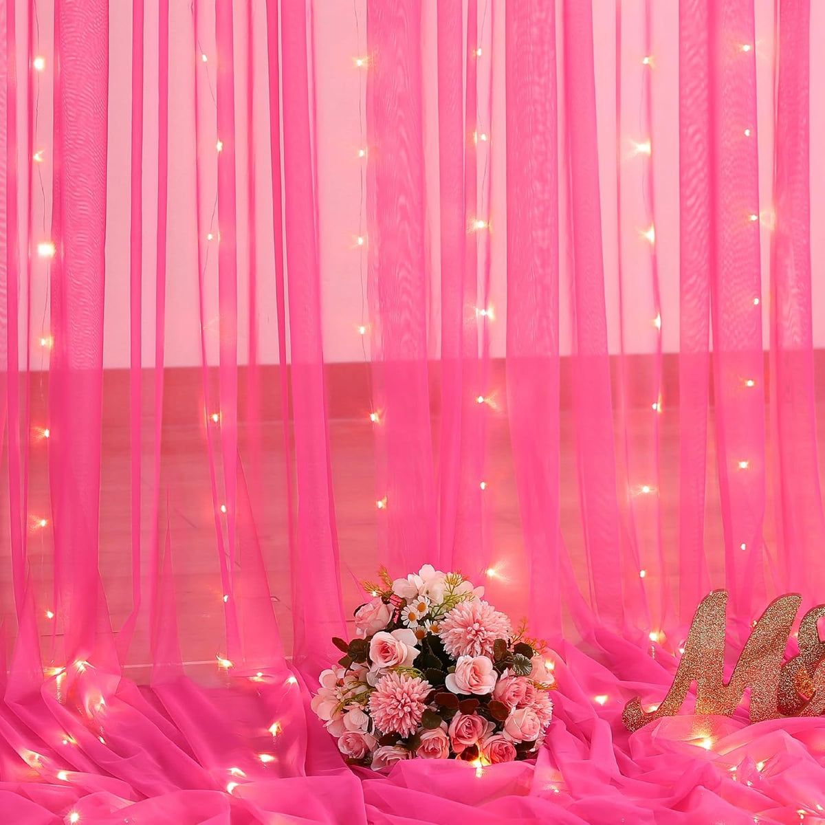 Hot Pink Tulle Backdrop Curtain with Lights for Parties 10x8ft Fuchsia Sheer Backdrop Curtains for