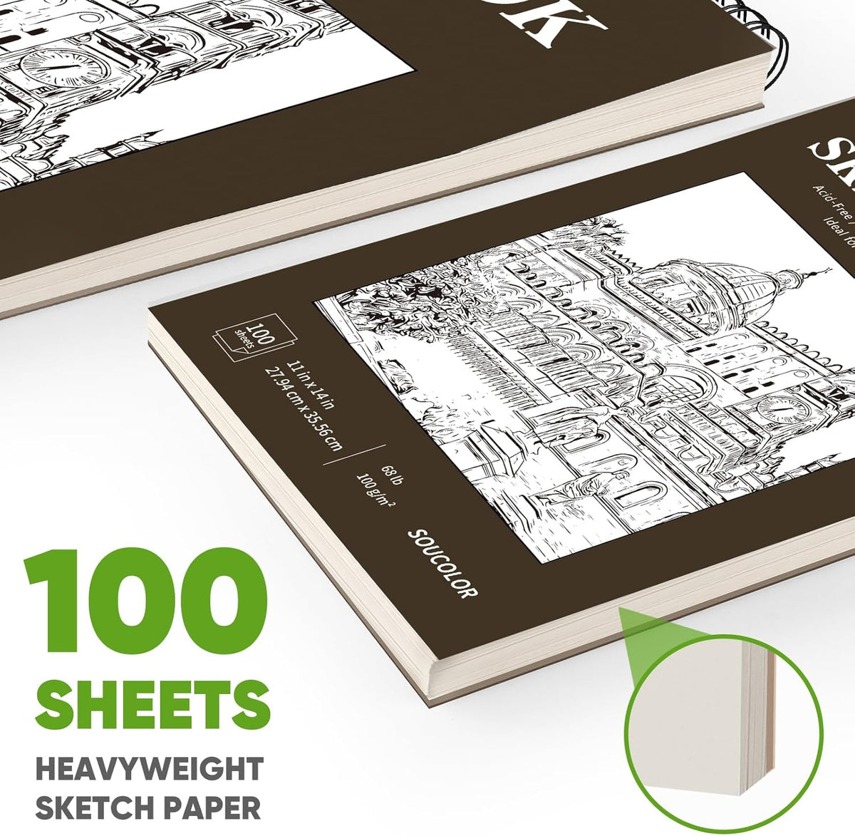 Soucolor 11" x 14" Large Sketchbook, 100 Sheets 68lb/100gsm Top Spiral Bound Large Sketch Pad, Acid