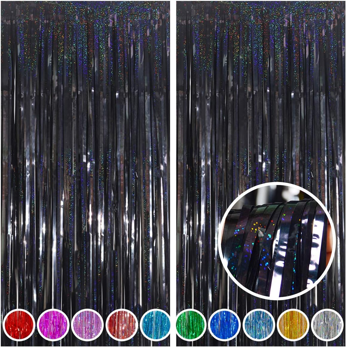Melsan 2 Pack 3.2 ft x 8.2 ft Tinsel Foil Fringe Curtains Backdrop, Sparkle Metallic Foil Curtains