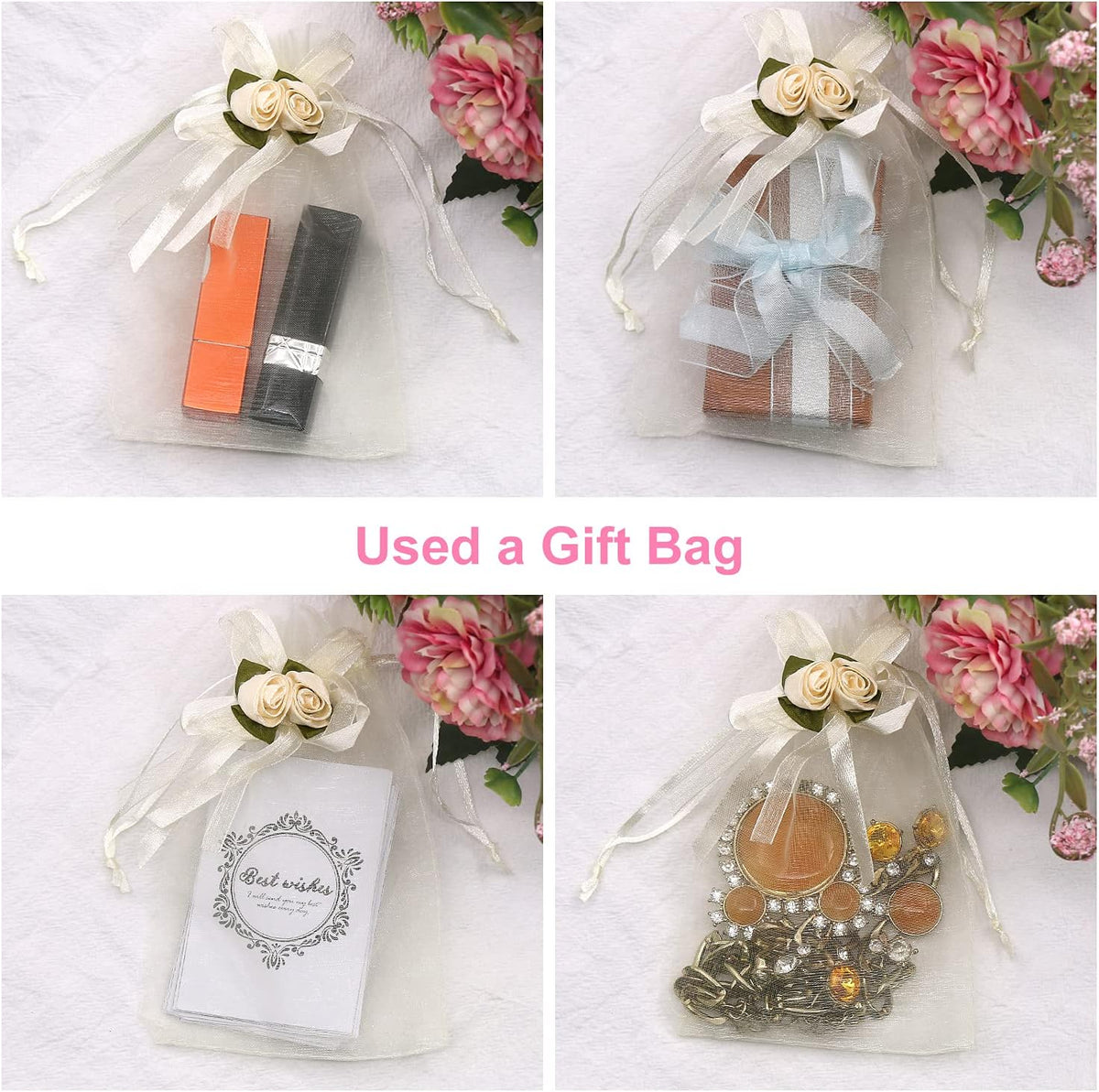 SumDirect Rose Organza Gift Bags - 50Pcs 4x6 inch Yellow Wedding Favor Gift Bags, Jewelry Pouches