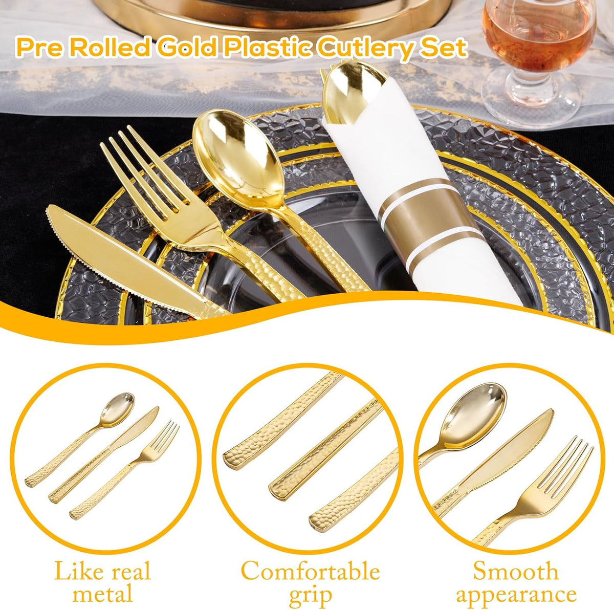 400PCS Pre Rolled Gold Plastic Silverware Sets - Heavy Duty Hammered Gold Cutlery Include 100 Pack
