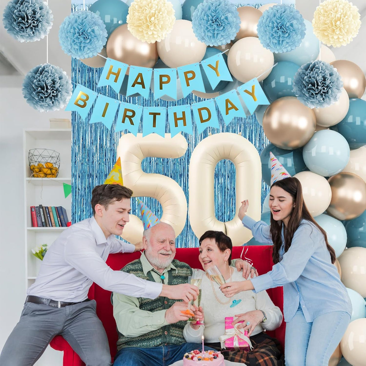 Dusty Blue 50th Birthday Party Decorations for Women Men Beige Cream Number 50 Balloon with Blue