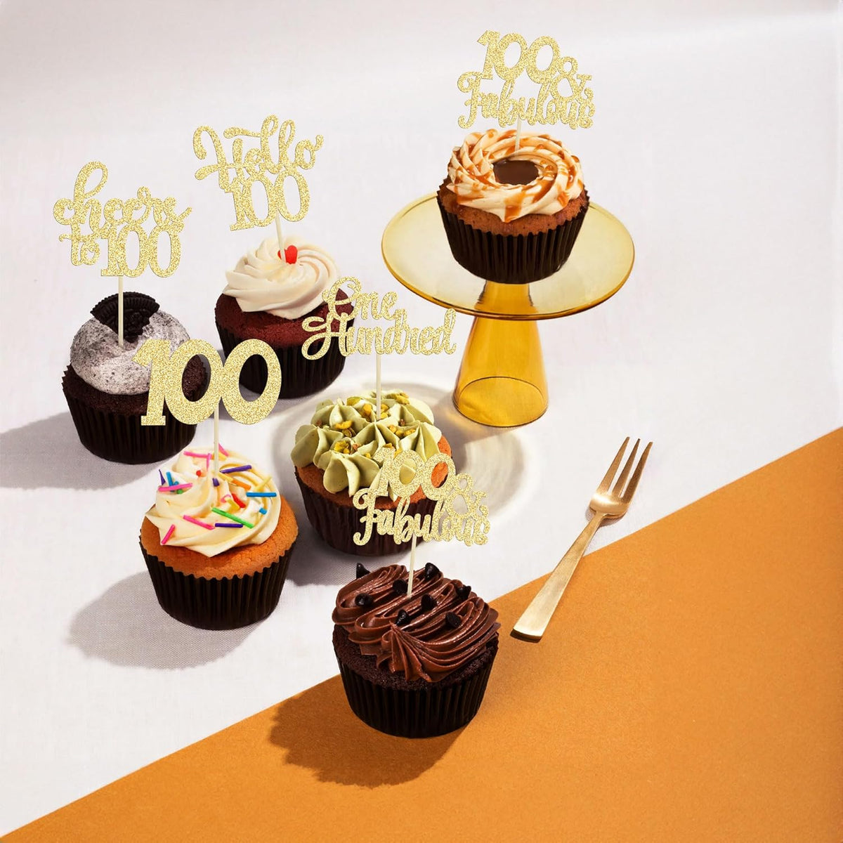 30pcs Happy 100th Birthday Cupcake Toppers - Gold Glitter One Hundred Cheers to 100 Years Old