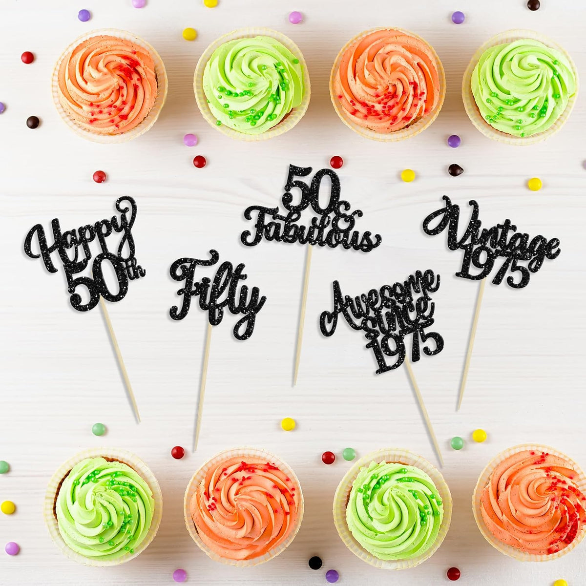 30Pcs Happy 50th Birthday Cupcake Toppers Glitter Fifty Vintage 1975 Cupcake Picks Cheers to 50