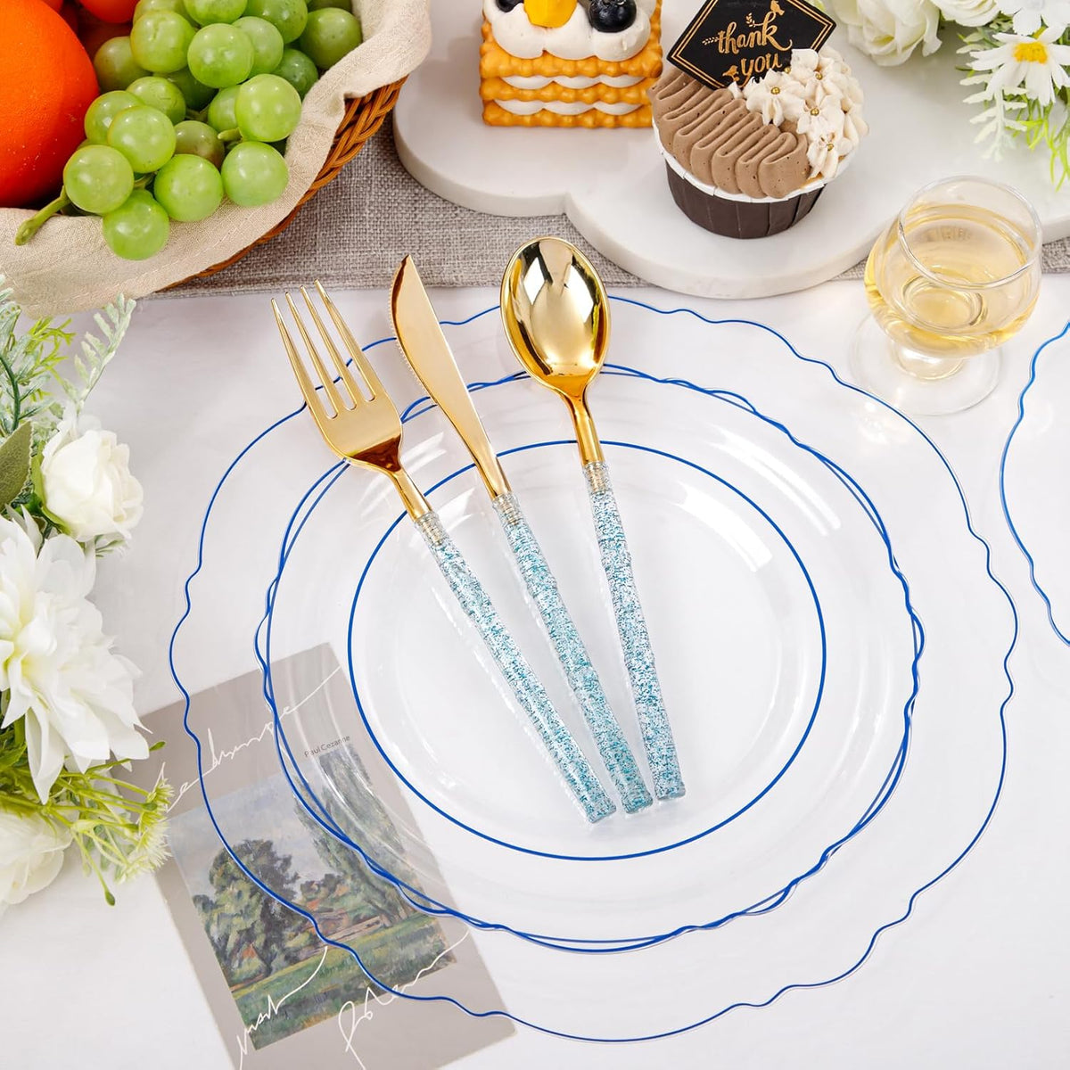 Liacere 150PCS Clear and Blue Plastic Plates-Clear and Blue Disposable Plates with Glitter Bamboo