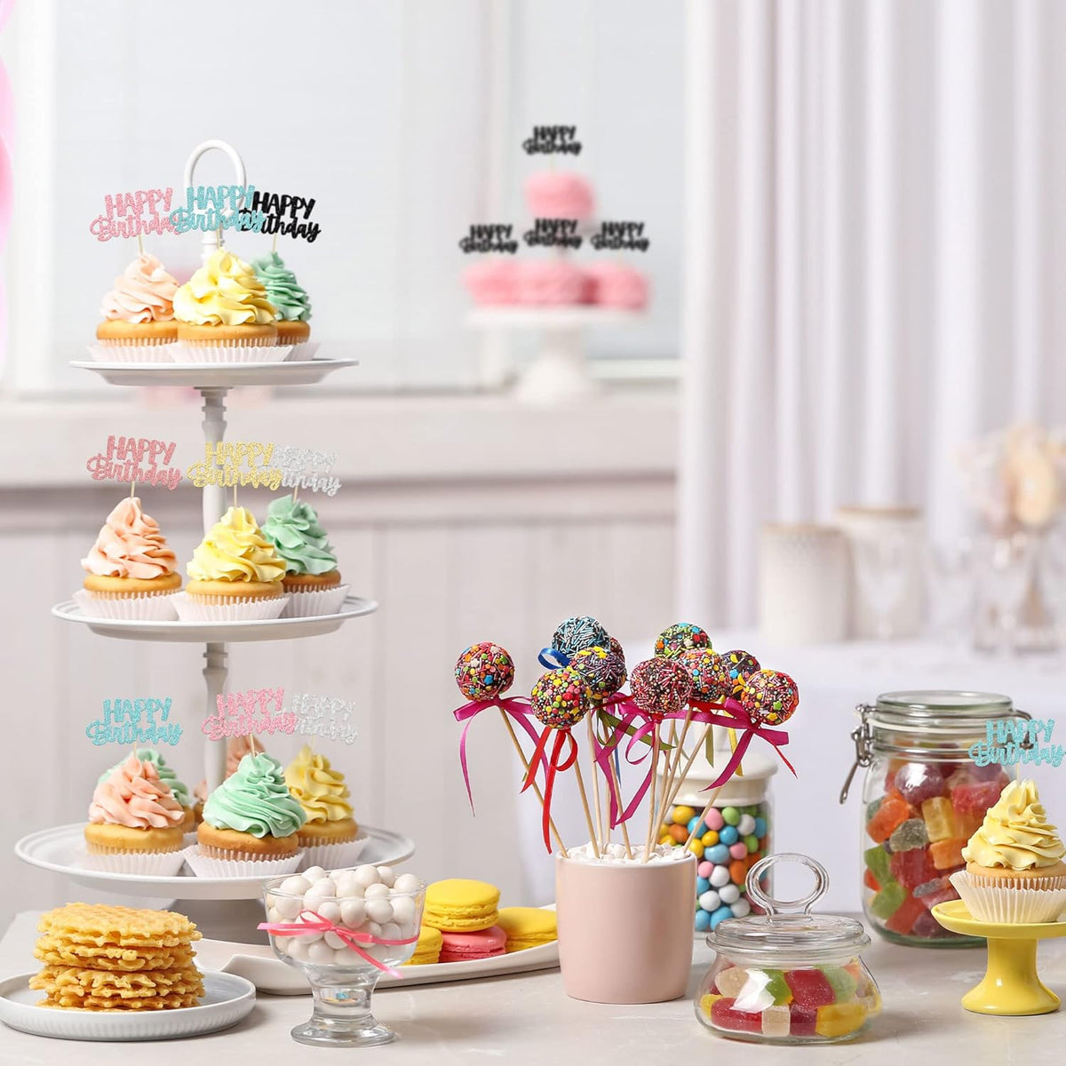 Gyufise 24Pcs Happy Birthday Cupcake Toppers Glitter Birthday Cupcake Food Picks for Celebrating