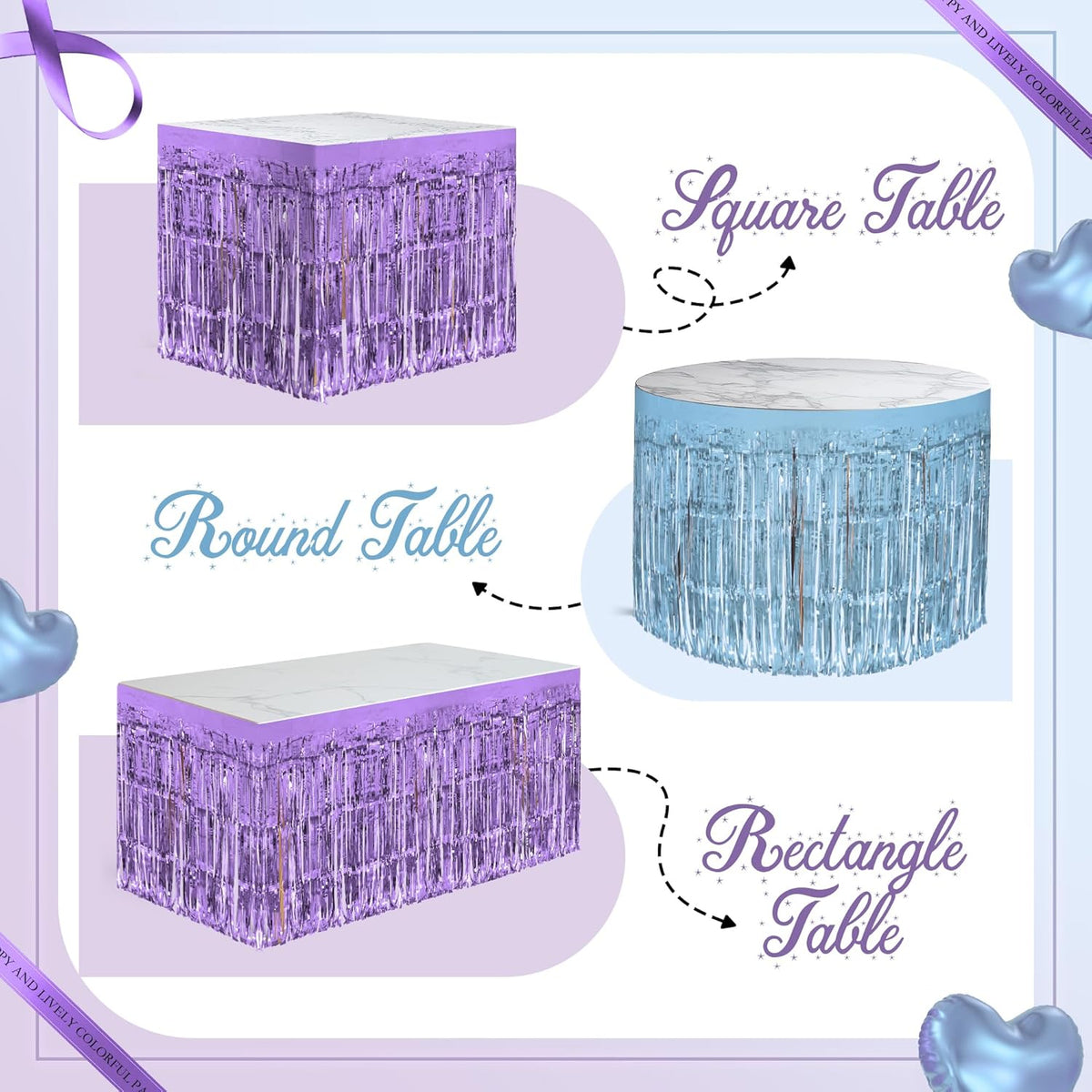 2 Pack Light Blue Light Purple Table Skirts, 29x108" Metallic Foil Tinsel Fringe Table Skirt for